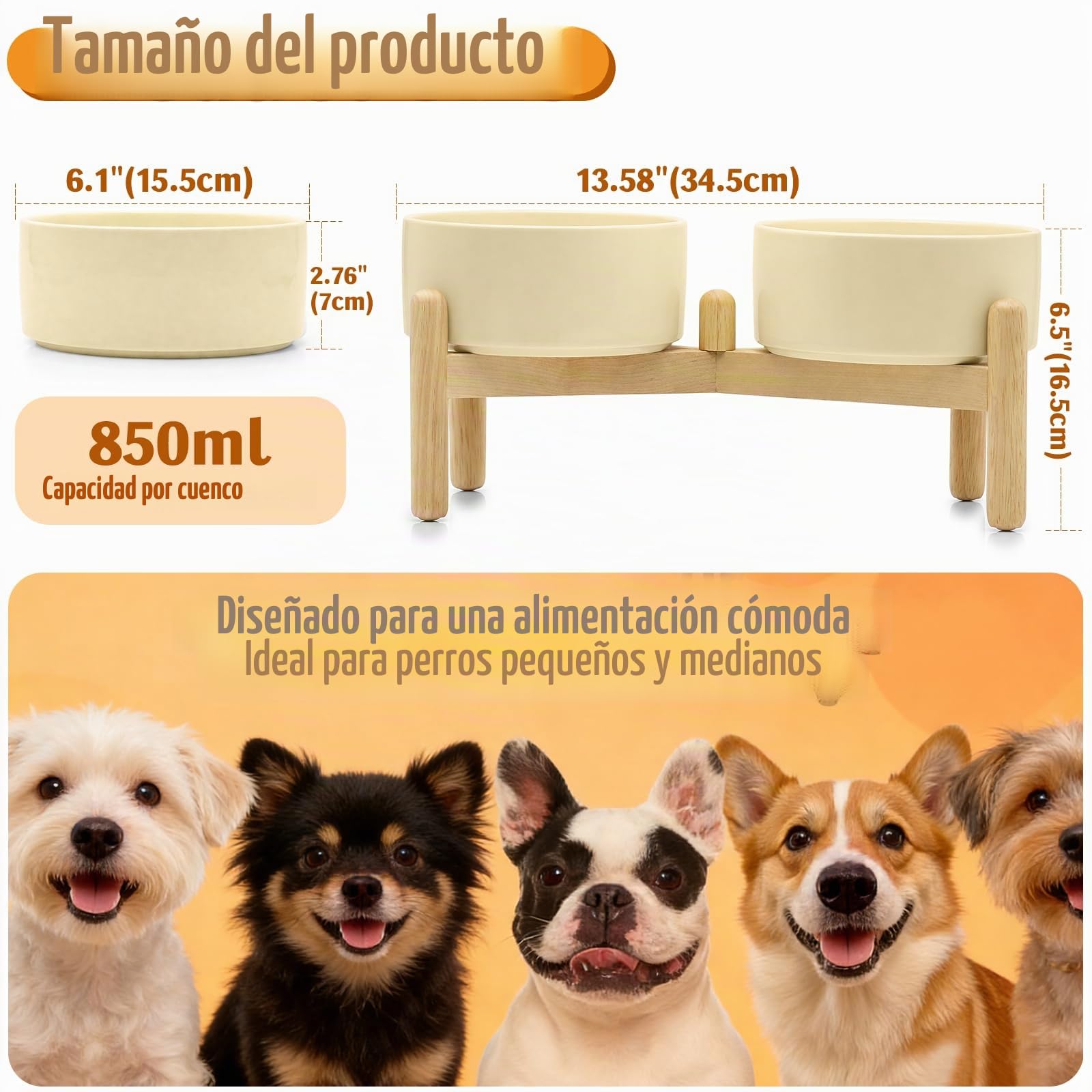 Comedero Perro Elevado de Cerámica 850 ml – Cuenco Doble con Soporte de Madera Antideslizante – para Comida y Agua – Ideal para Perros Pequeños y Medianos – Fácil de Limpiar