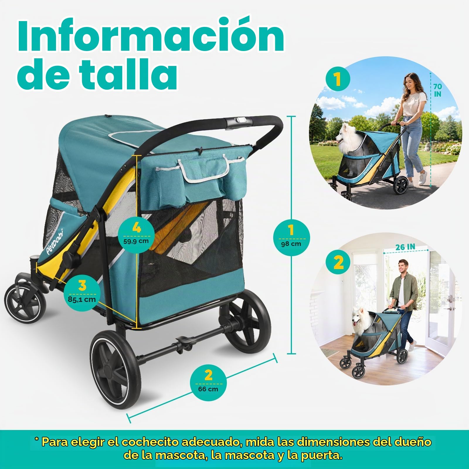 Petbobi Cochecito para perros de gran tamaño, carro para perros fácil de plegar con doble entrada, freno de un pie, malla grande transpirable y techo corredizo, cochecito todo terreno para perros