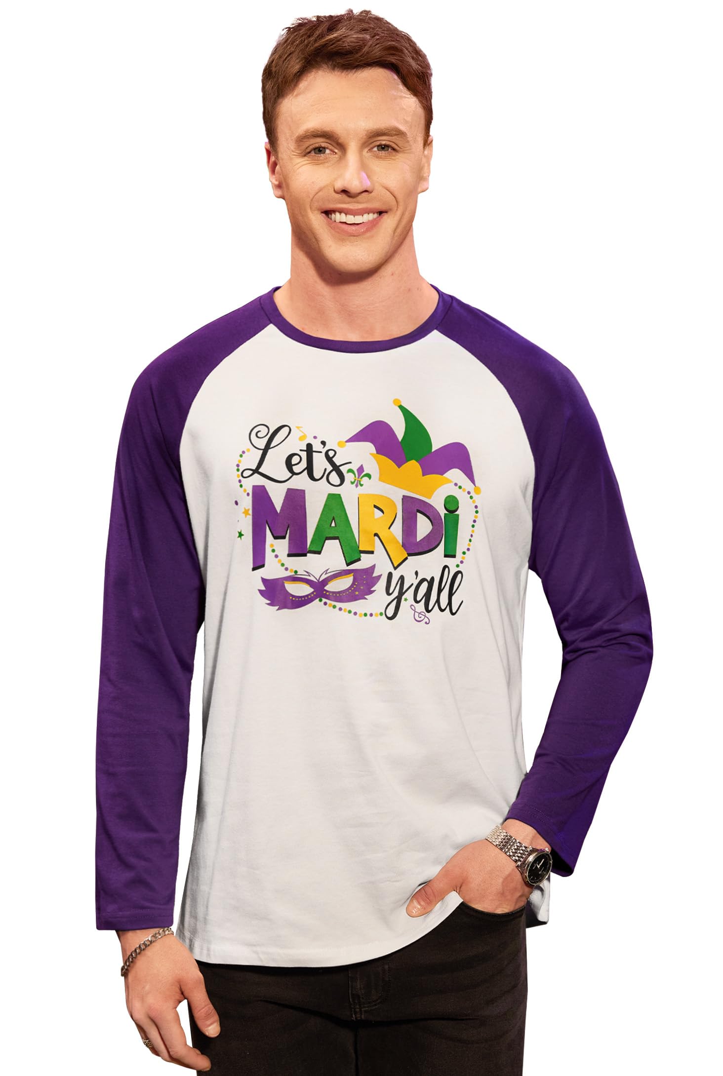 Arvilhill Men's Mardi Gras Shirt Fat Tuesday Long Sleeve Raglan Shirt (S-3XL)