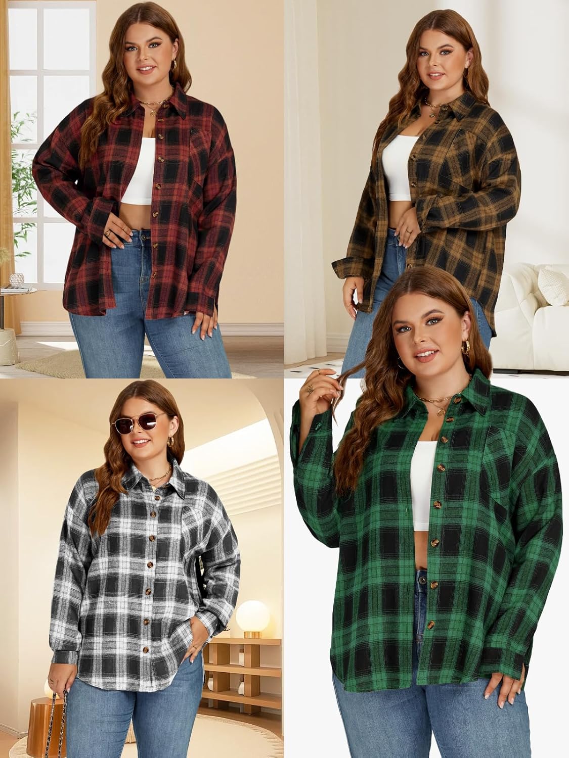 VISLILY Plus-Size-Tops for Women Casual Button Down Flannel Plaid Shirts Long Sleeve Tunics Collared Dressy Blouses XL-5XL - Image 5