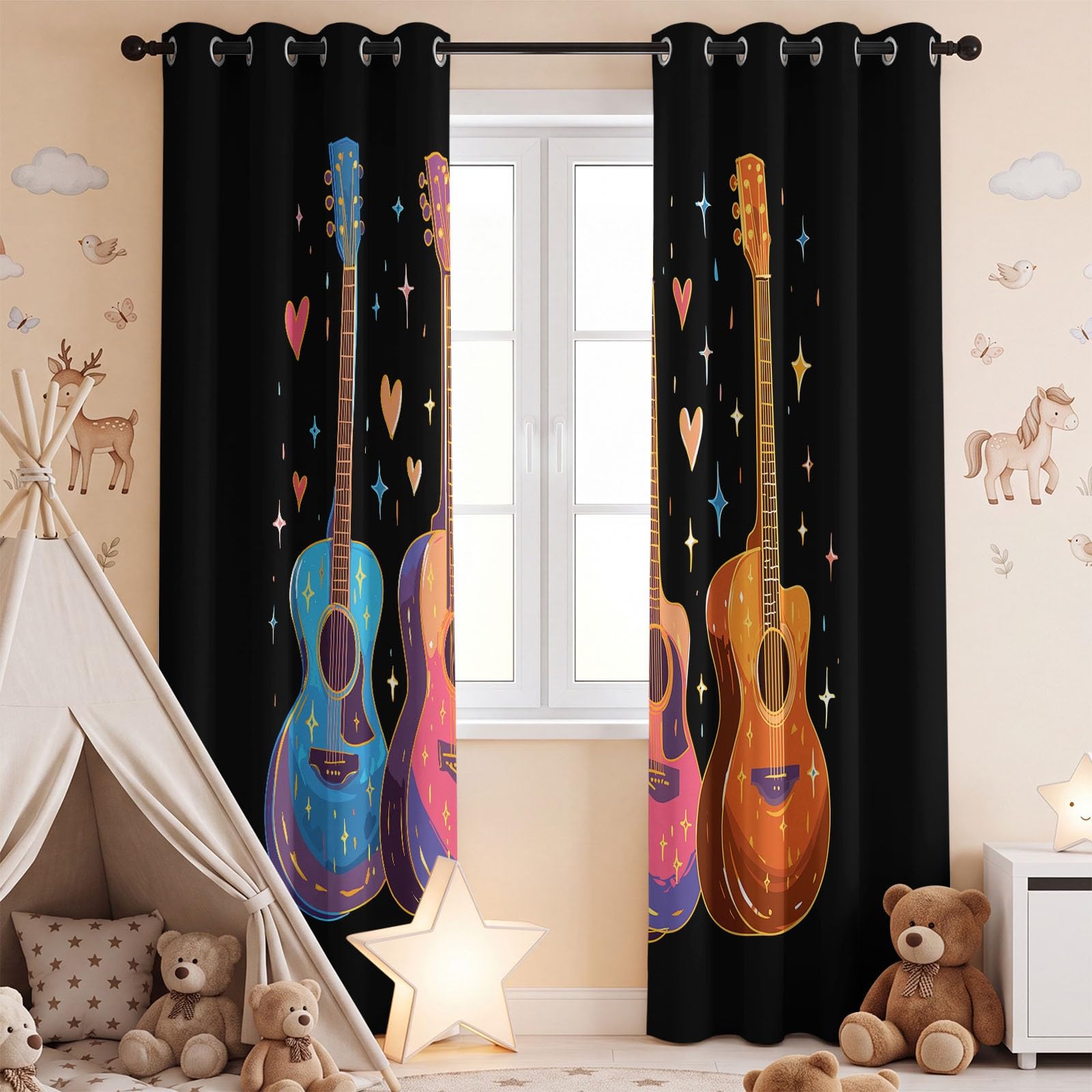 Generisch Pop Art - Cortinas opacas con ojales para guitarra, notas musicales, estrellas, térmicas, para habitación infantil, dormitorio, salón, juego de 2 unidades, 245 x 140 cm (alto x ancho)