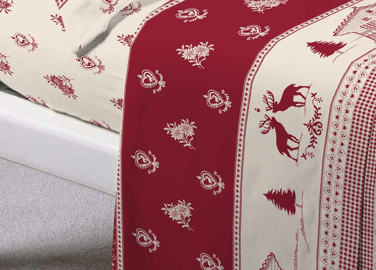 BIANCHERIAWEB Completo Lenzuola Letto in 100% Cotone Stile Montagna Chalet Disegno Tirolo Francese Tirolo