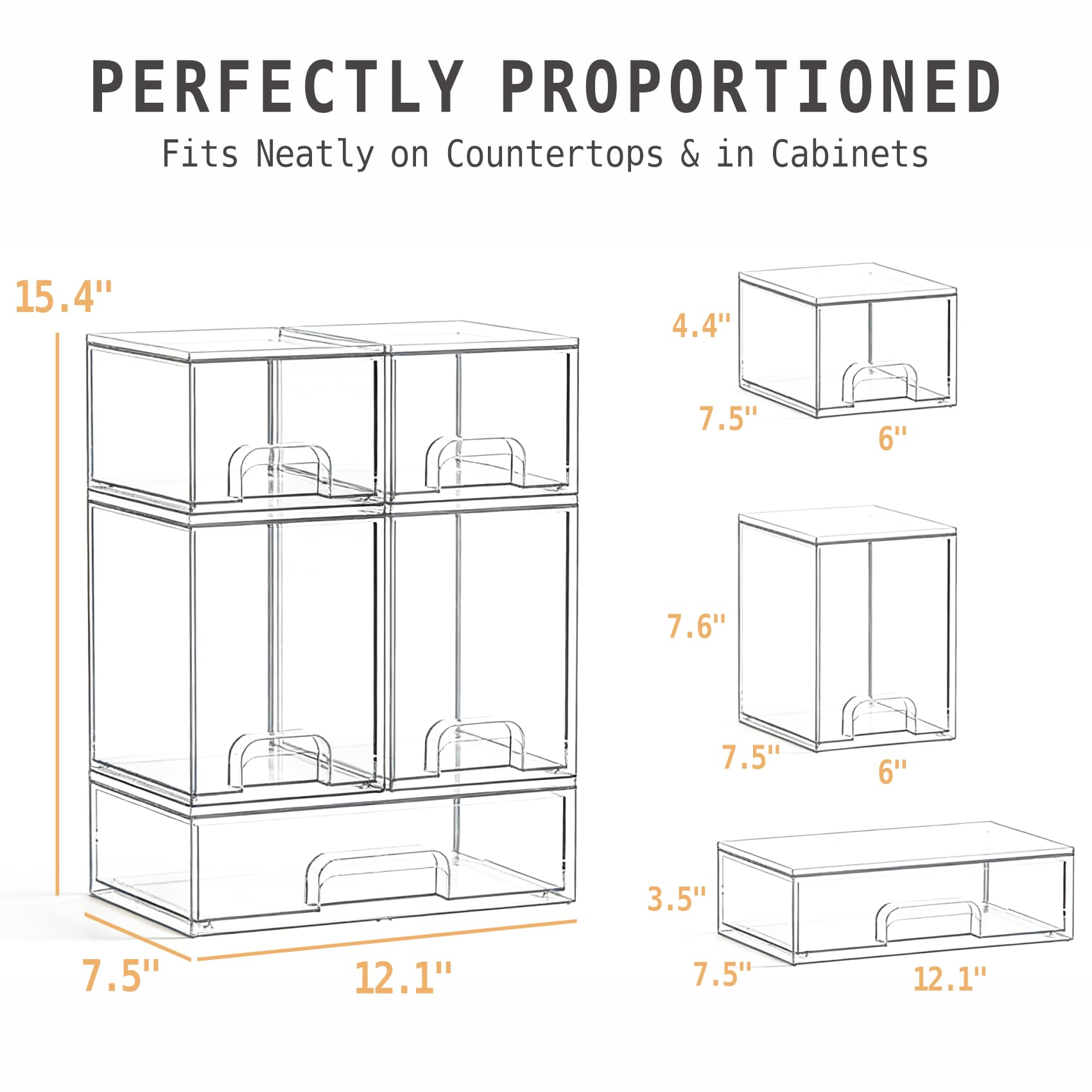 Schubladen-Organizer-Set aus Acryl, stapelbare Arbeitsplatte und Schrank, Aufbewahrung für Babyflaschen, Waschtisch und Speisekammer (5-teiliges Komplettset (2 S + 2 M + 1 L))
