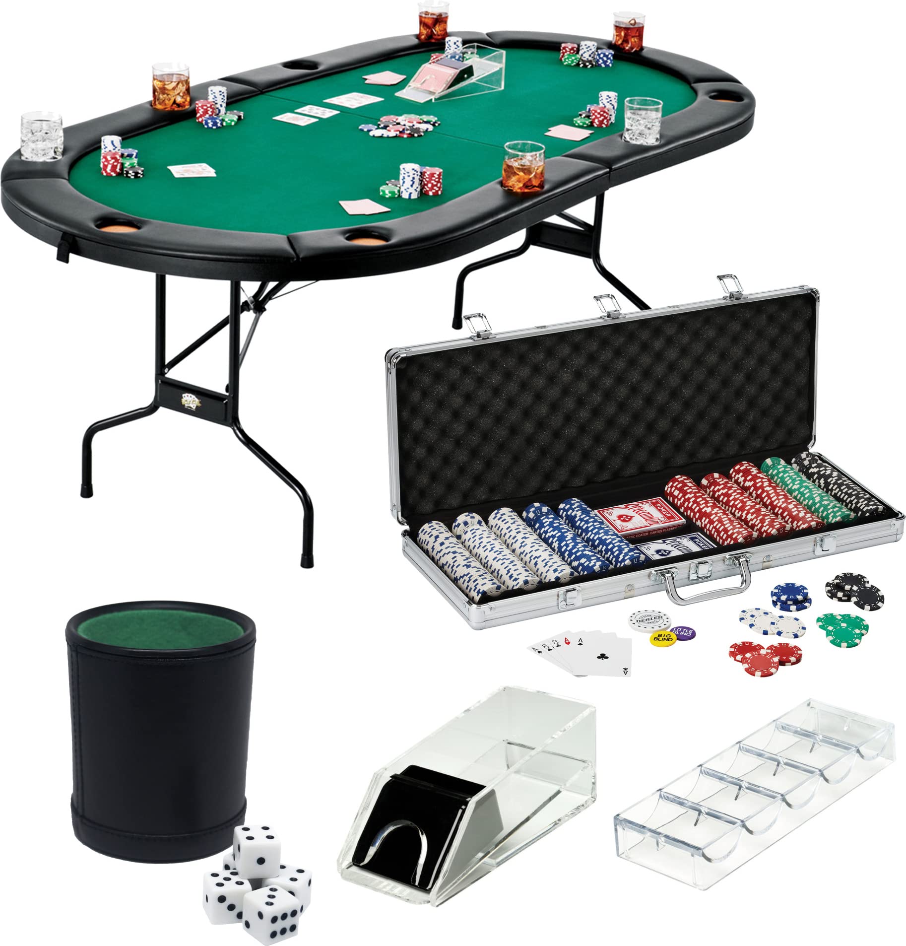 Fat Cat Texas Hold'em Table, 4-Deck Card Shoe, 500 Poker Chip Set, 2 Acrylic Chip Trays & Dice Cup Set