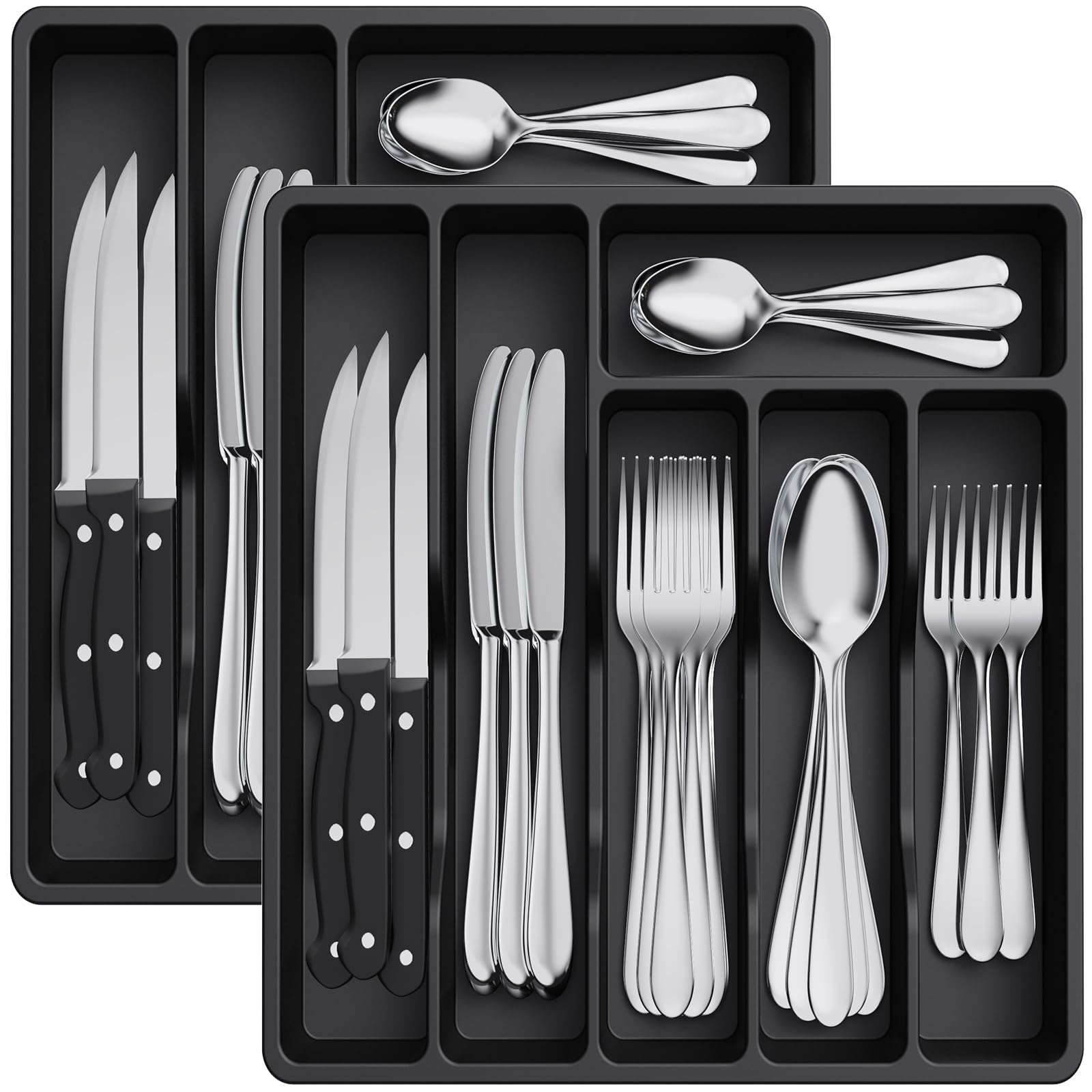 Lifewit2 Pack Cutlery Drawer Organiser, Plastic Cutlery Tray for Kitchen Drawer, Utensil Flatware Silverware Holder Divider for Spoons Forks Knives Tableware, 6 Compartment, Black