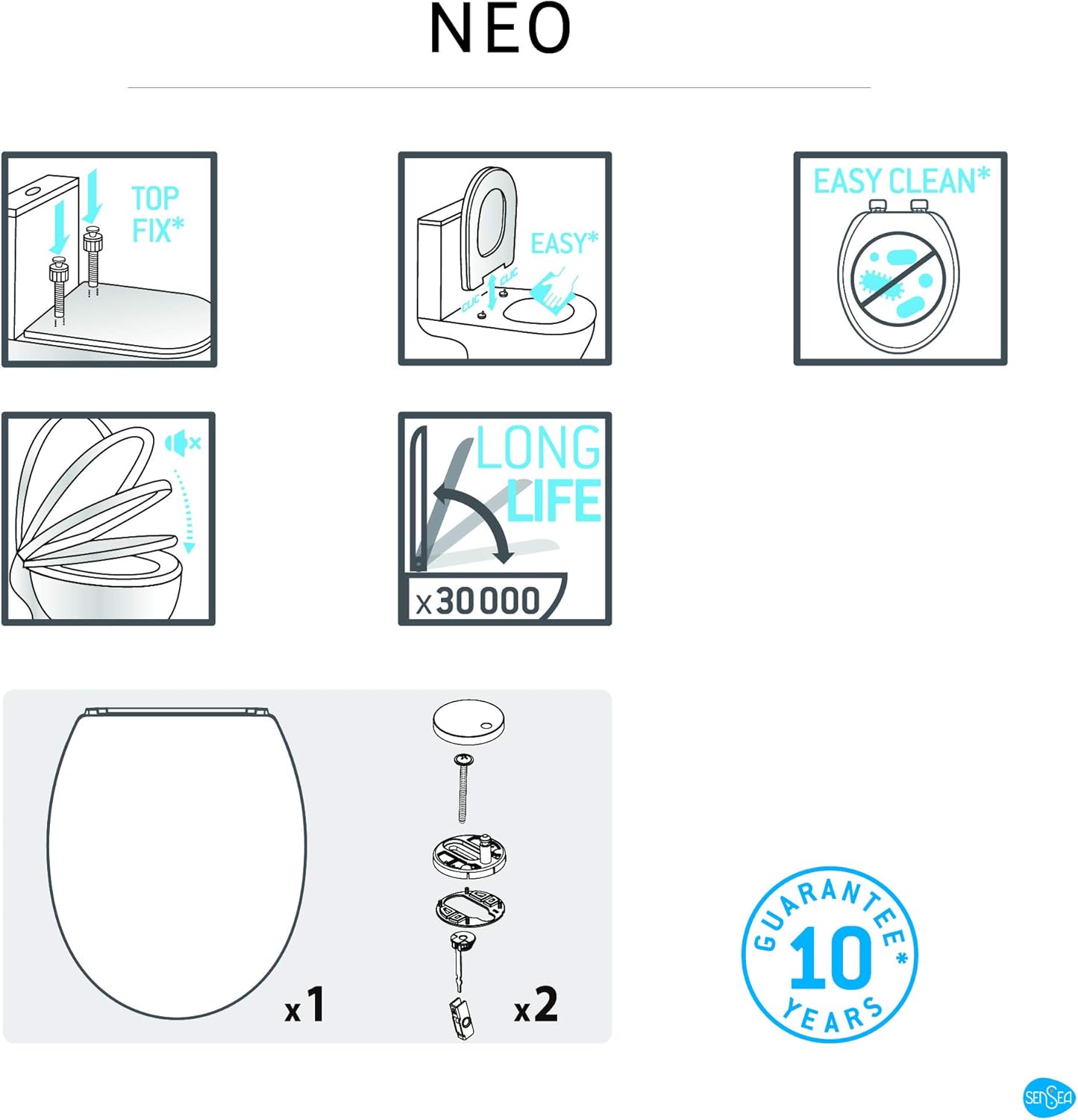 Installation diagram for SENSEA NEO toilet seat showing top fix and easy clean features