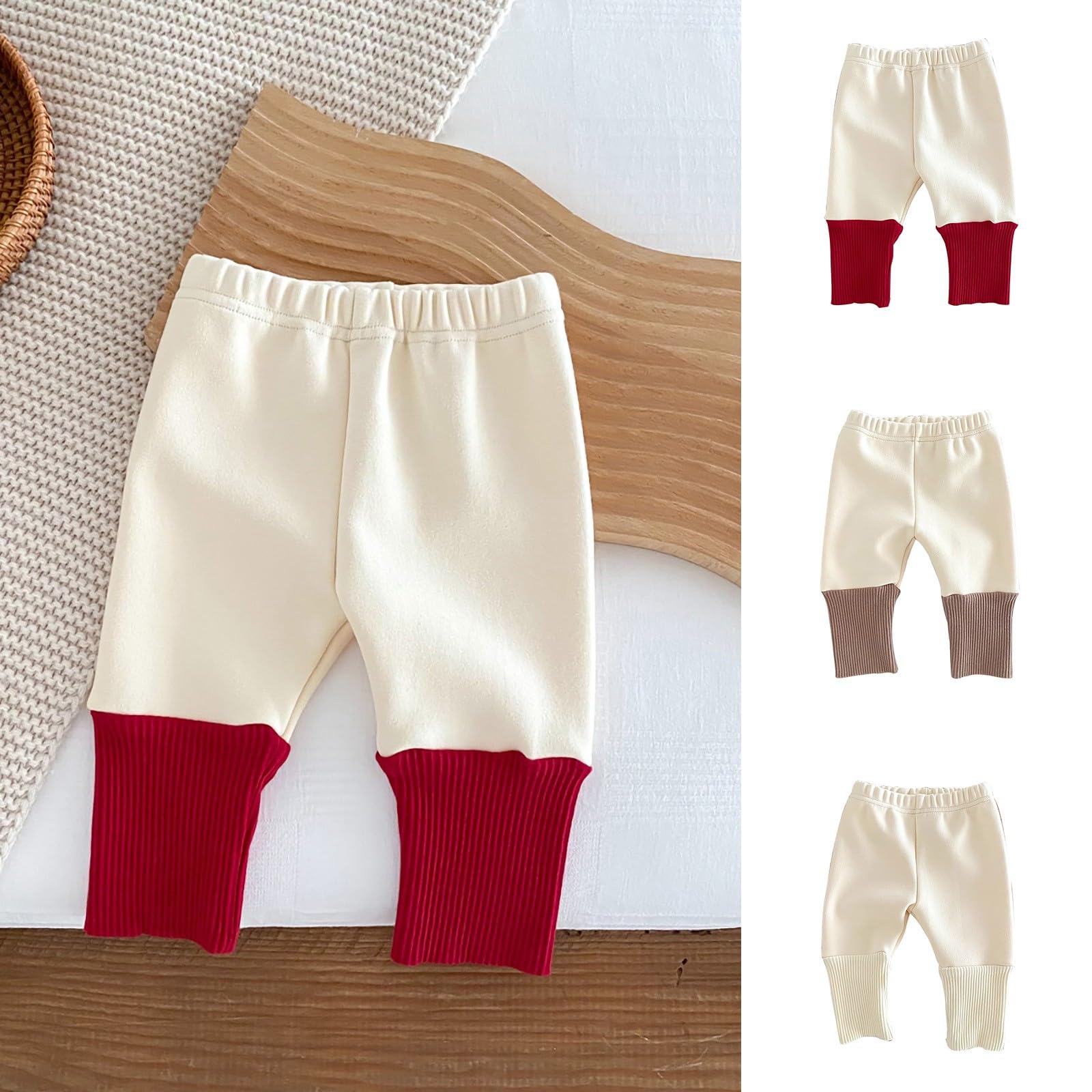 RNTOP Toddler Baby Boys Girls Casual Pants Stretchy Pants Elastic Waist Color Block Trousers Fleece (Beige, 3-6 Months)