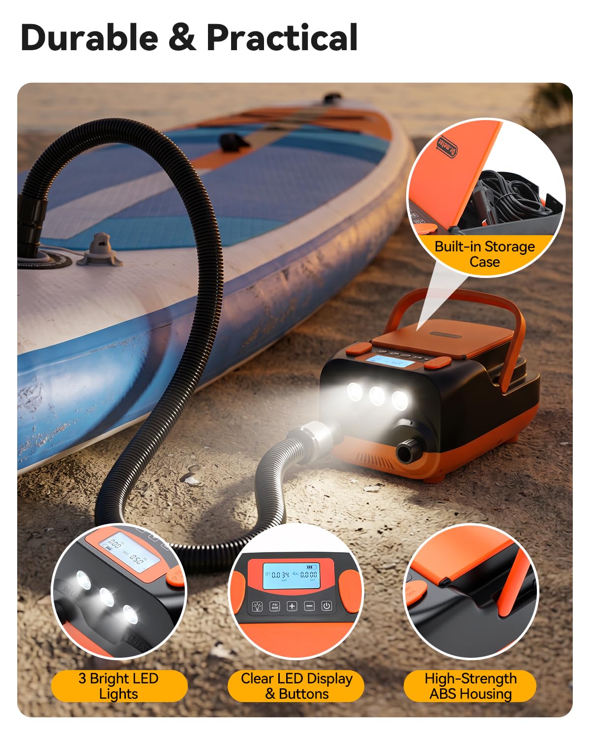 Dr.meter 6000mah Pompe à Air électrique pour Stand up Paddle, 12V DC Haute Pression avec 2 Ports USB 3 Lumières LED et 6 Buses pour gonflables Stand Up Paddle, Matelas,Bateaux,Tente