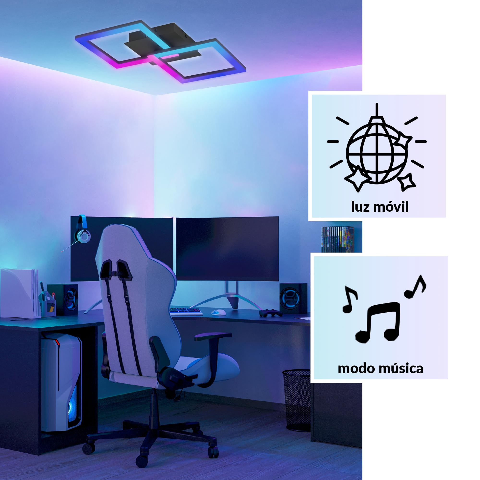 Eglo RGBIC Lámpara de techo led con diseño geométrico y efectos de luz | decoración para salón de juegos y fiestas, iluminación de techo con mando a distancia, blanco cálido y RGB, metal negro