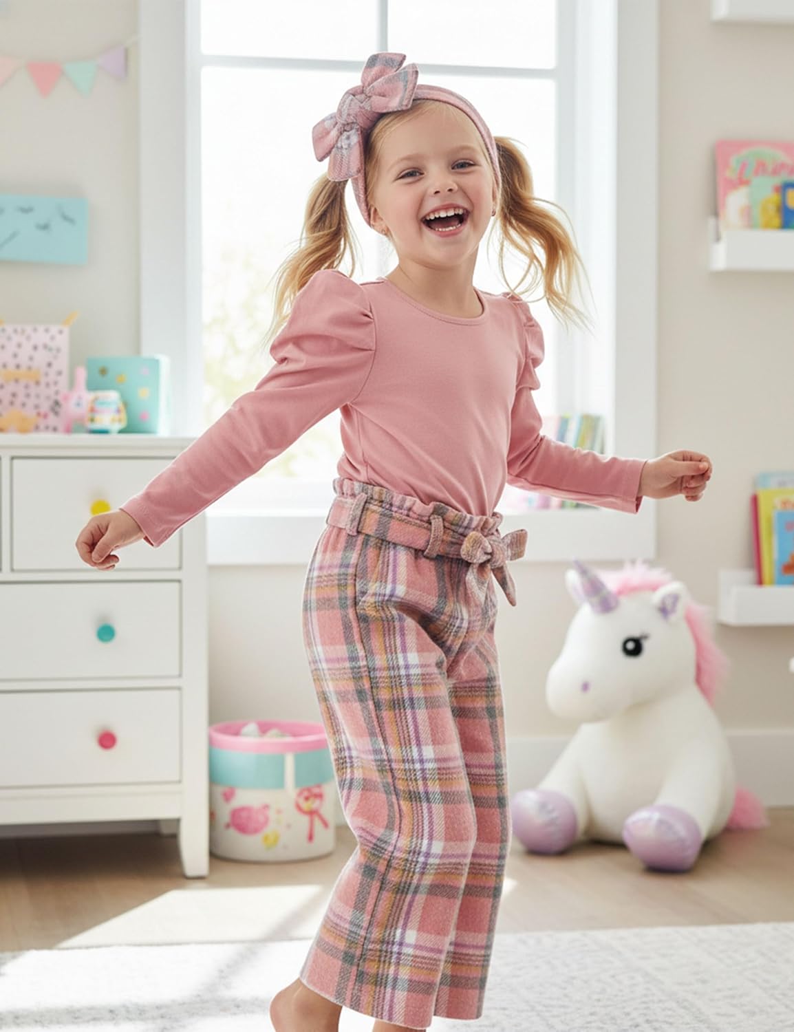 MIGU Toddler Girl Clothes,Girls Fashion Clothes Puff Sleeves Shirt Pants Headband 3Pcs Girls Gifts Sets - Image 2