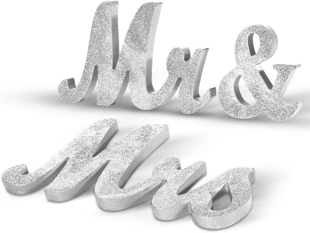 Adeeing Vintage Style Silver Glitter Mr and Mrs Signs for Wedding Sweetheart Table, Wooden Freestanding Letters, Photo Props, Rustic Decoration, Anniversary Shower