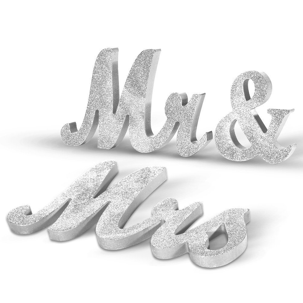 Adeeing Vintage Style Silver Glitter Mr and Mrs Signs for Wedding Sweetheart Table, Wooden Freestanding Letters, Photo Props, Rustic Decoration, Anniversary Shower