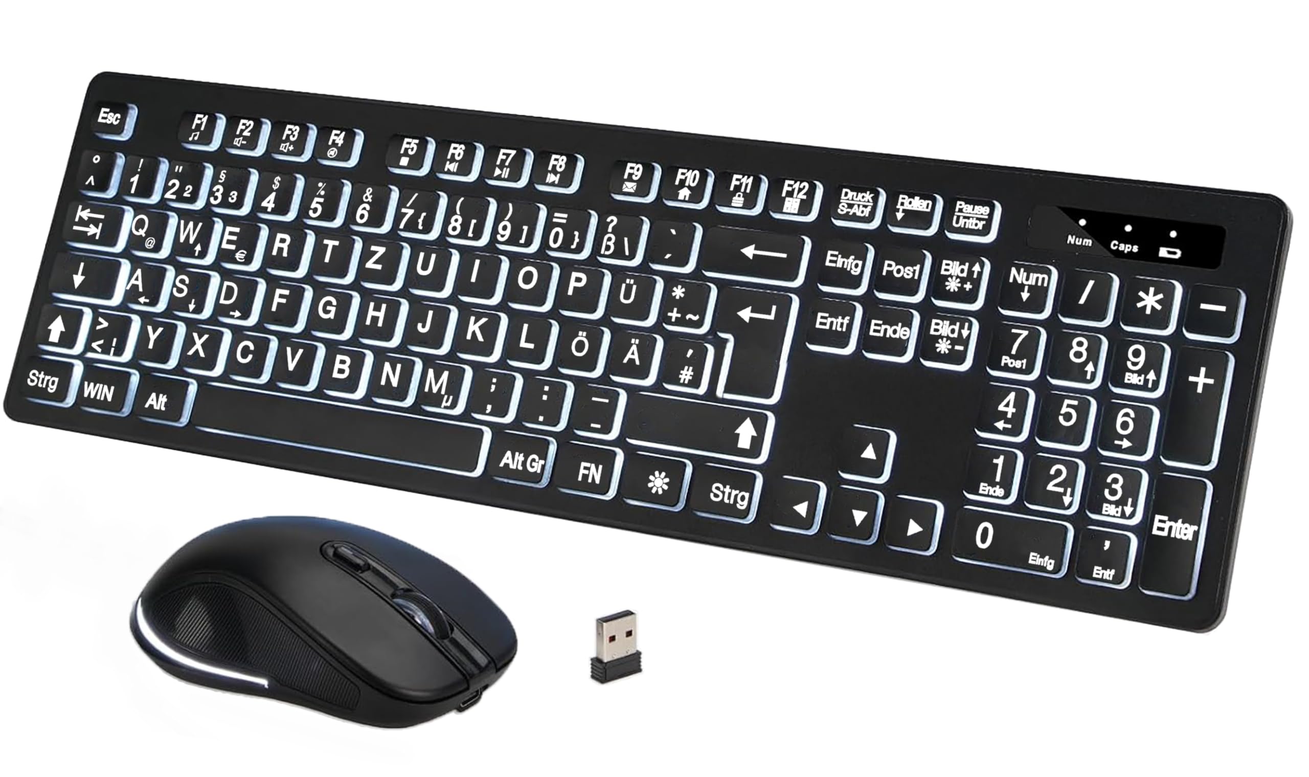 2,4-GHz Kabellose Beleuchtete Tastatur & Maus Set, QWERTZ | 3 Helligkeitsstufen, Sanfte weiße Hintergrundbeleuchtung, Numerisches Keypad, Wiederaufladbar, Für Windows PC