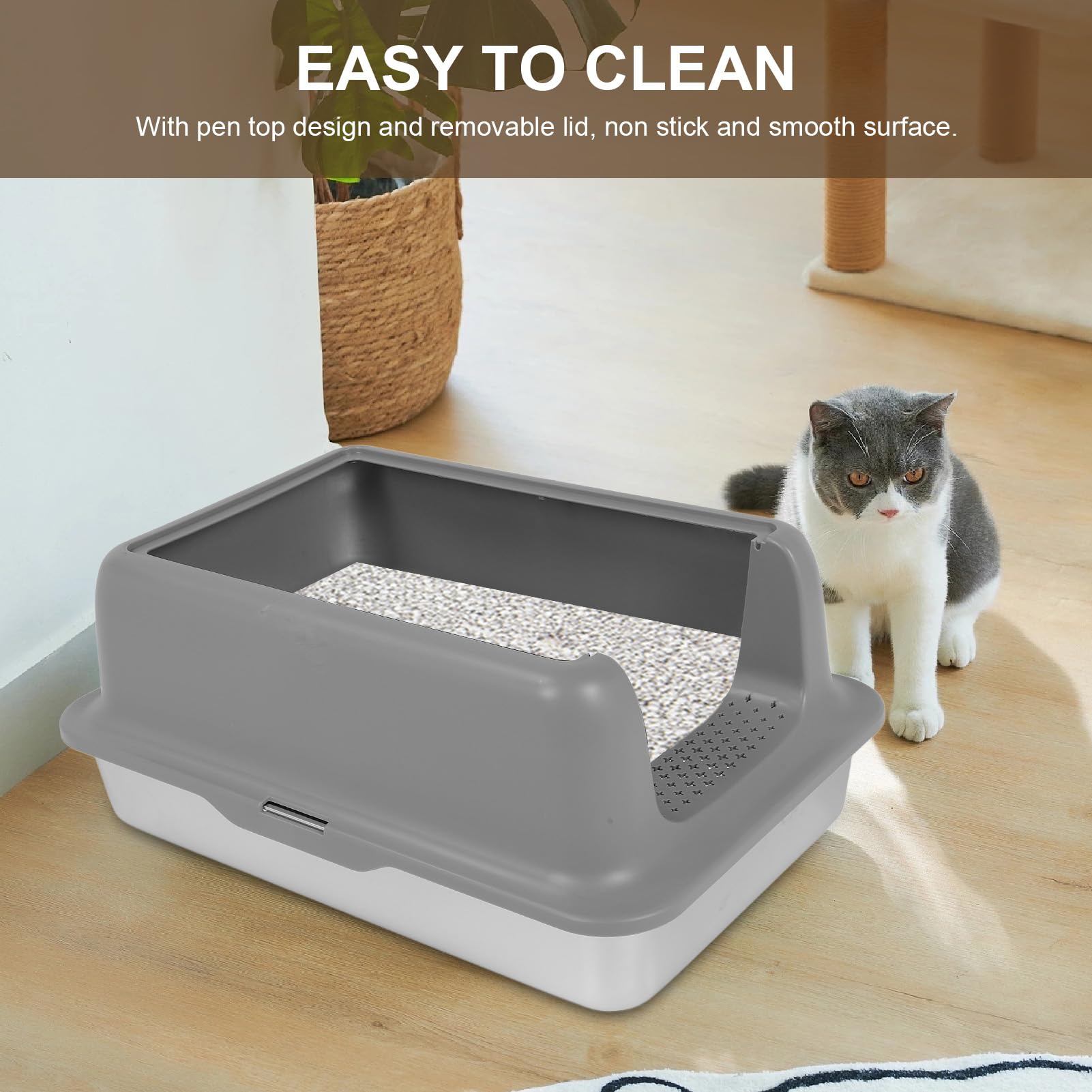 Arenero de Acero Inoxidable, arenero para Gatos Cerrado con Lados Altos, Bandeja de Extra Grande Anti Salpicaduras para Gatos Grandes, diseño fácil de Limpiar y a Prueba de (Gris)