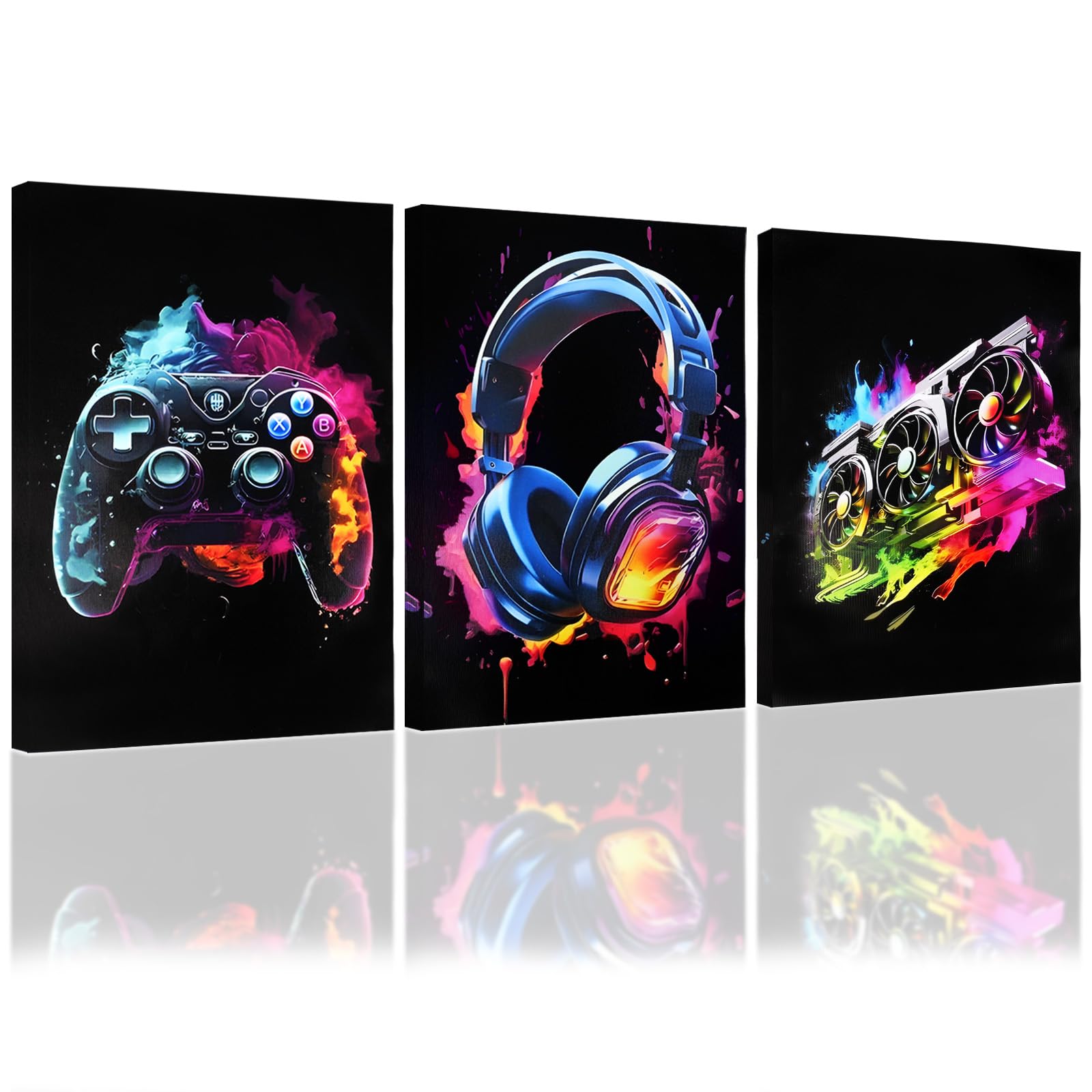 YunBey 3 Pack Gaming Canvas Posters with Frames, Neon Splash Paint Game Controller & Headset Wall Art, Gamer Wall Decor for Boys Bedroom, Game Room, Playroom & Living Room (40x30CM / 16x12inch)