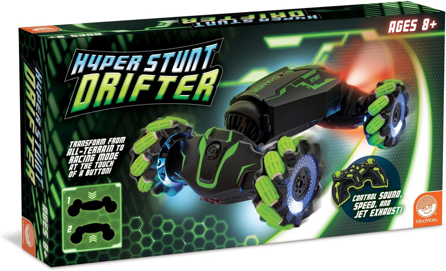 MindWare Hyper Stunt Drifter Remote Control Car - 360° Rotating 4WD RC Car for 8 Year Olds and Up
