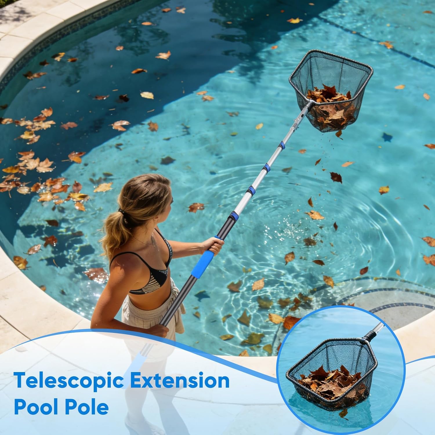 16FT Pool Pole Aluminum Telescopic Extension Pole,Suitable for Above-Ground/In-Ground Pool Cleaning, Compatible with Leaf Skimmer/Brush/Net Bag/Vacuum/Filter Accessories