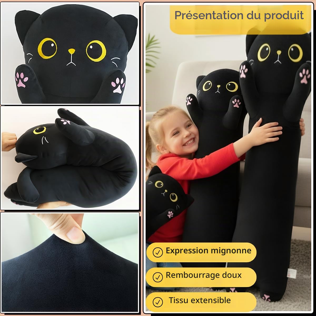 Peluche Chat Noir Long Coussin Corporel, Peluche Animale Douce et Moelleuse, Grand Chat en Peluche Cadeau d'anniversaire pour Garçons et Filles (Black, 110cm/43.31in)