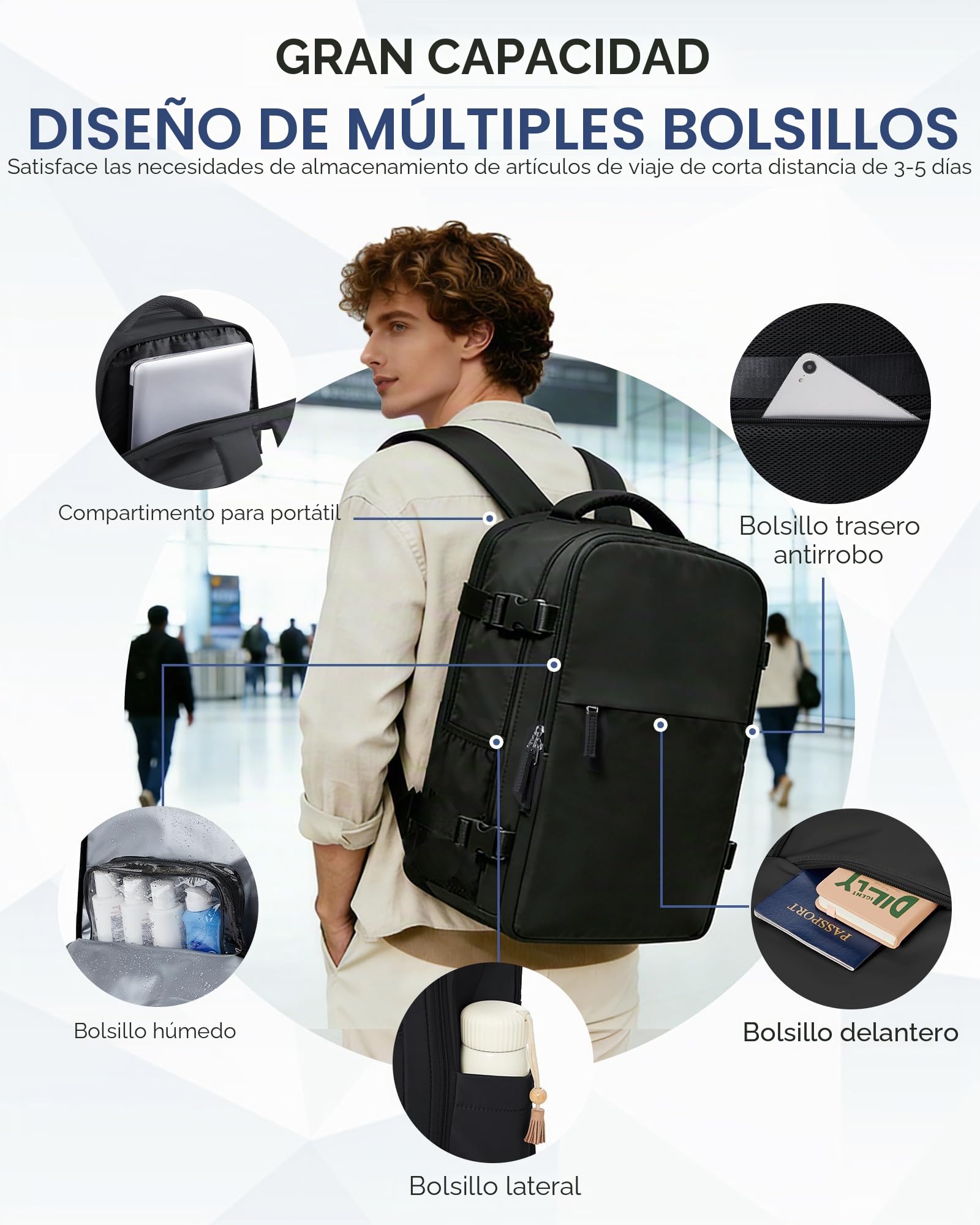 Mochila al Vacío con Bomba Mochila Viaje Cabina Avion con Compresión al Vacío Airbag, Impermeable, Equipaje de Mano para Hombre Mujer - Negro