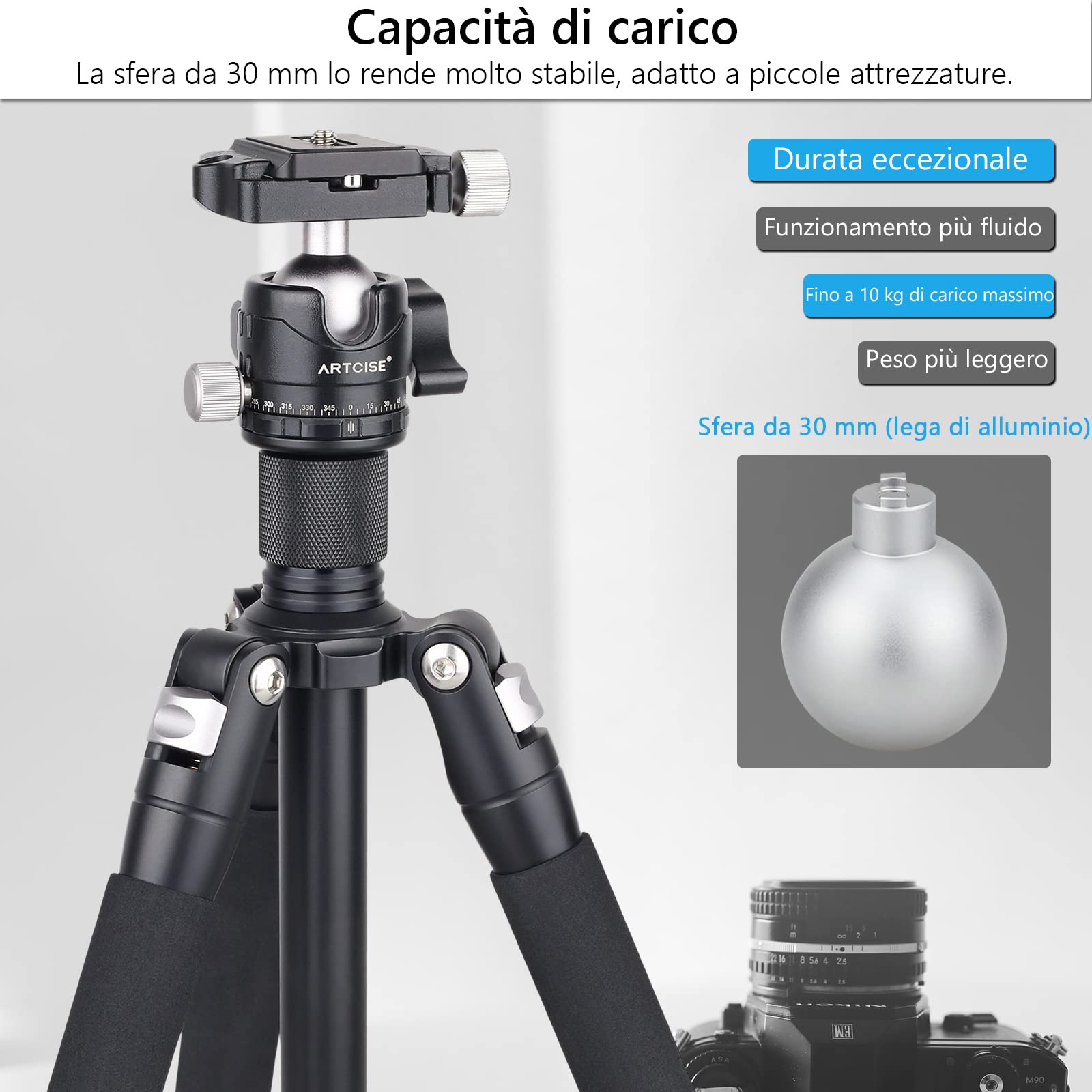 Testa per treppiede a basso profilo, ARTCISE EB30S mini Testa a sfera interamente in metallo, piastre a sgancio rapido da 1/4", 3 viti da 1/4" a 3/8" per convertire Carico massimo 22 libbre / 10 kg