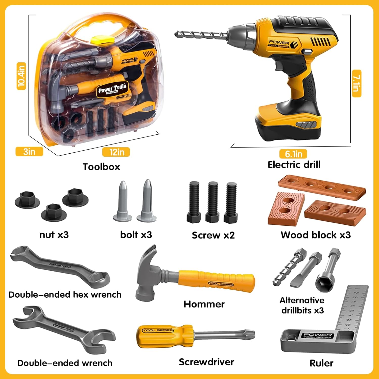 Playhiland Pretend Play Kids Construction Kits, Kids Tool Set with Electronic Toy Drill & Tool Box, Toy Tools Christmas Birthday Gift for 3 4 5 6 7 8 Year Old Boys & Girls