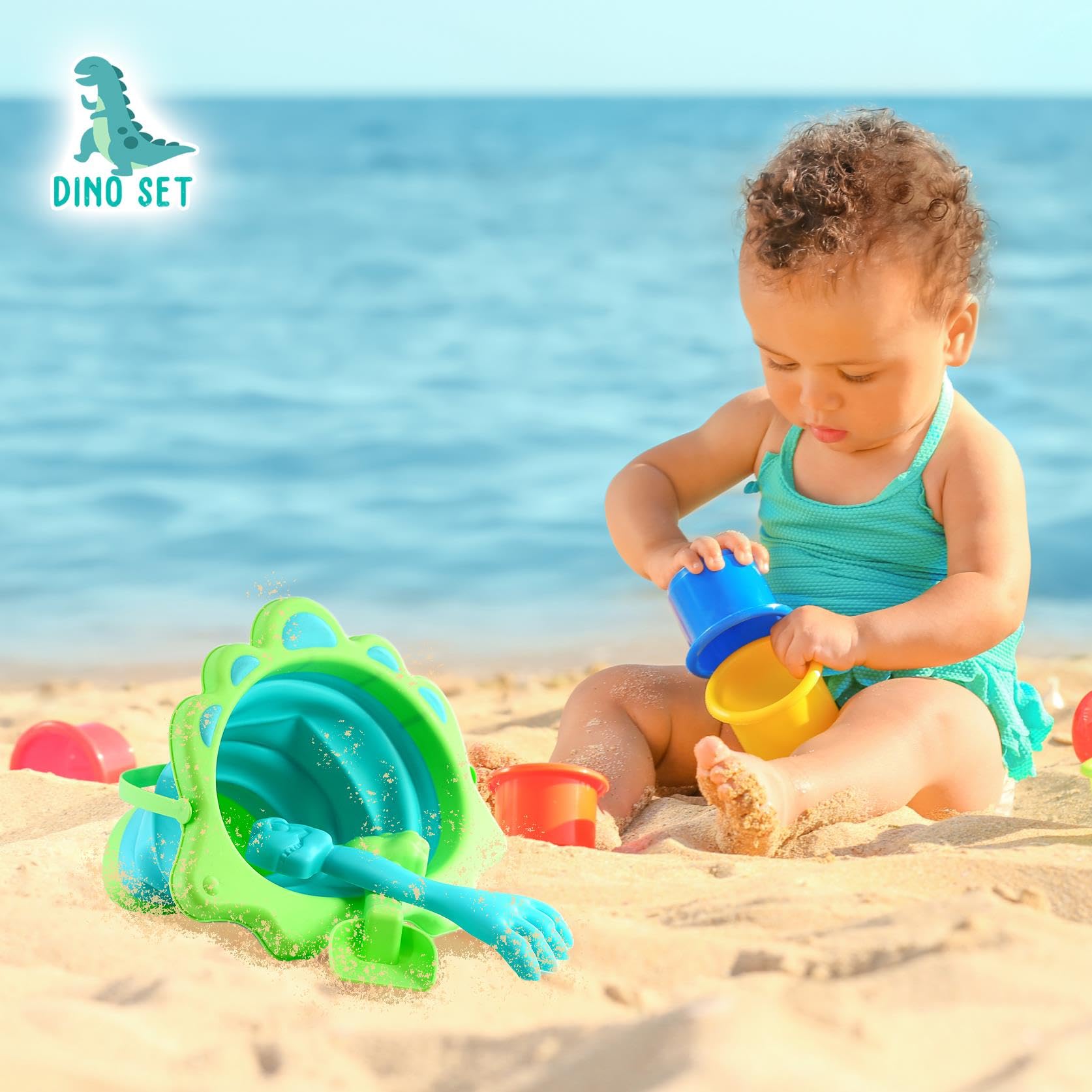 The Magic Toy Shop Pool Toys Play Sand Pit Kits Beach Bucket and Spade Set for Kids Pink Dinosaur Shaped Collapsible Foldable Plastic Bucket Outdoor - Image 4