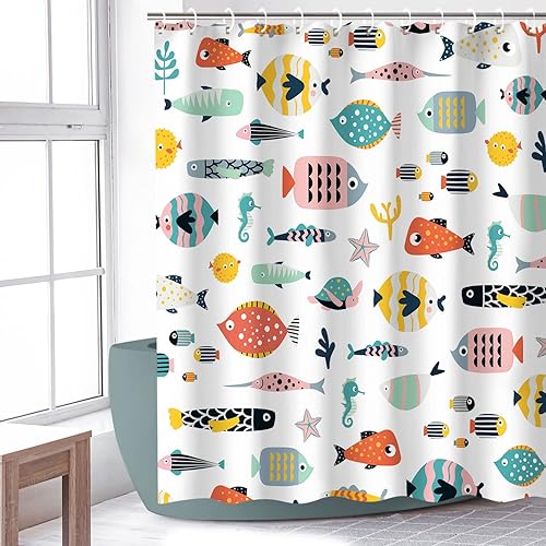 Miniatura 17 de RosieLily Cortina de ducha de peces, juego de cortinas de ducha para niños con 12 ganchos, cortina de ducha impermeable, cortinas de baño de peces