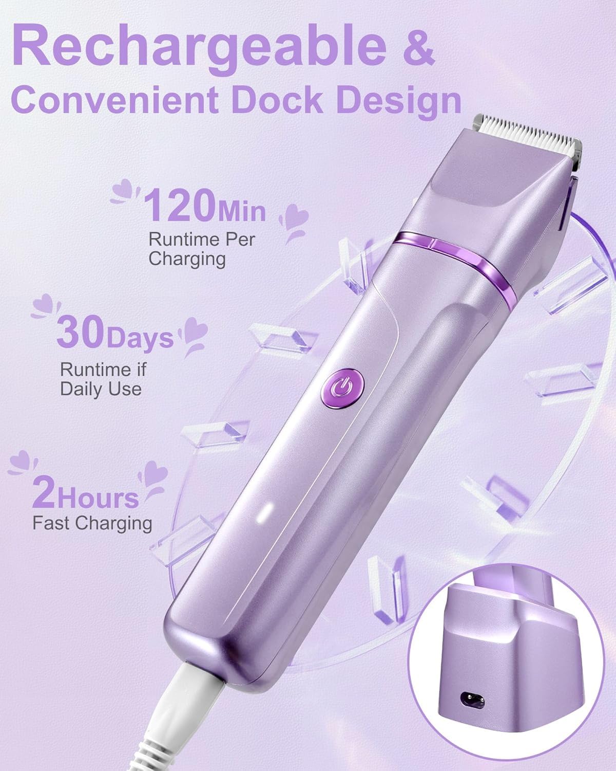 Bikini Trimmer for Women - Painless Electric Razors for Silk Skin,Cordless Electric Shaver for Trip,Replaceable Trimmer for Women,IPX7 Waterproof & Easy Cleaning,Ceramic Blade,USB Charge Dock Purple