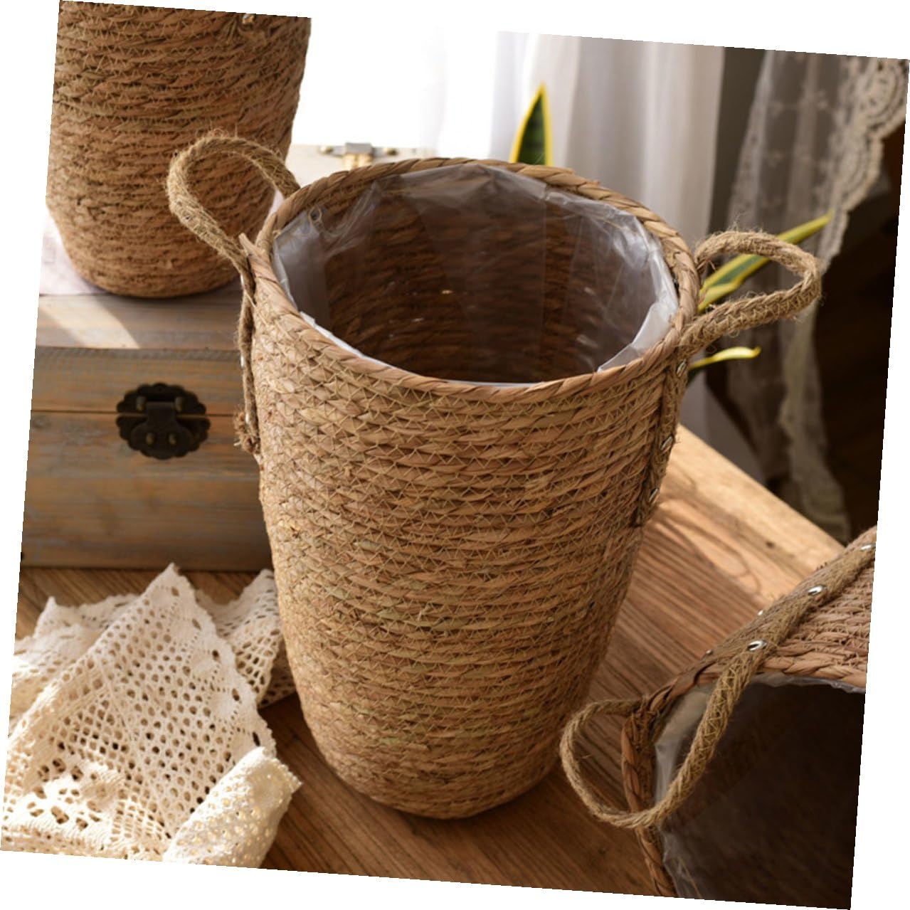 DOITOOL Handgeflochtener Strohkorb Blumentopf für Zimmerpflanzen, Dekorativ