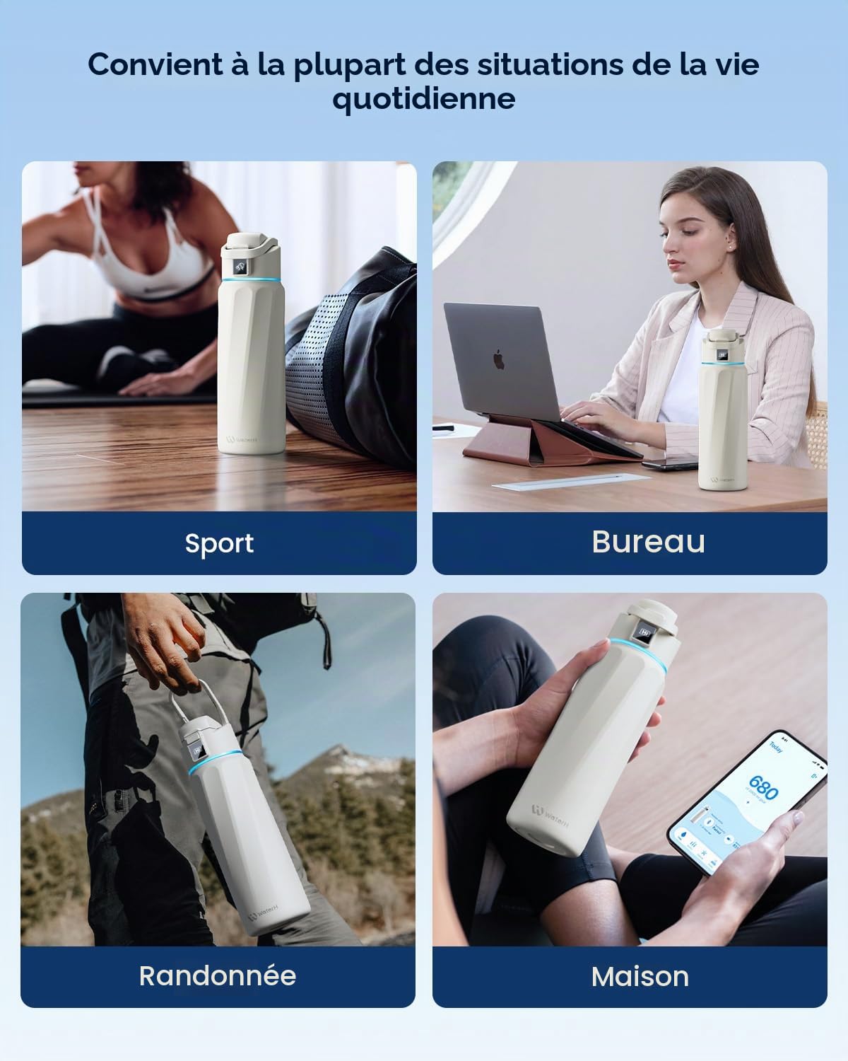 WATERH BOOST Bouteille d’eau connectée 946 ml Acier inoxydable double paroi Suivi d’hydratation Rappel LED