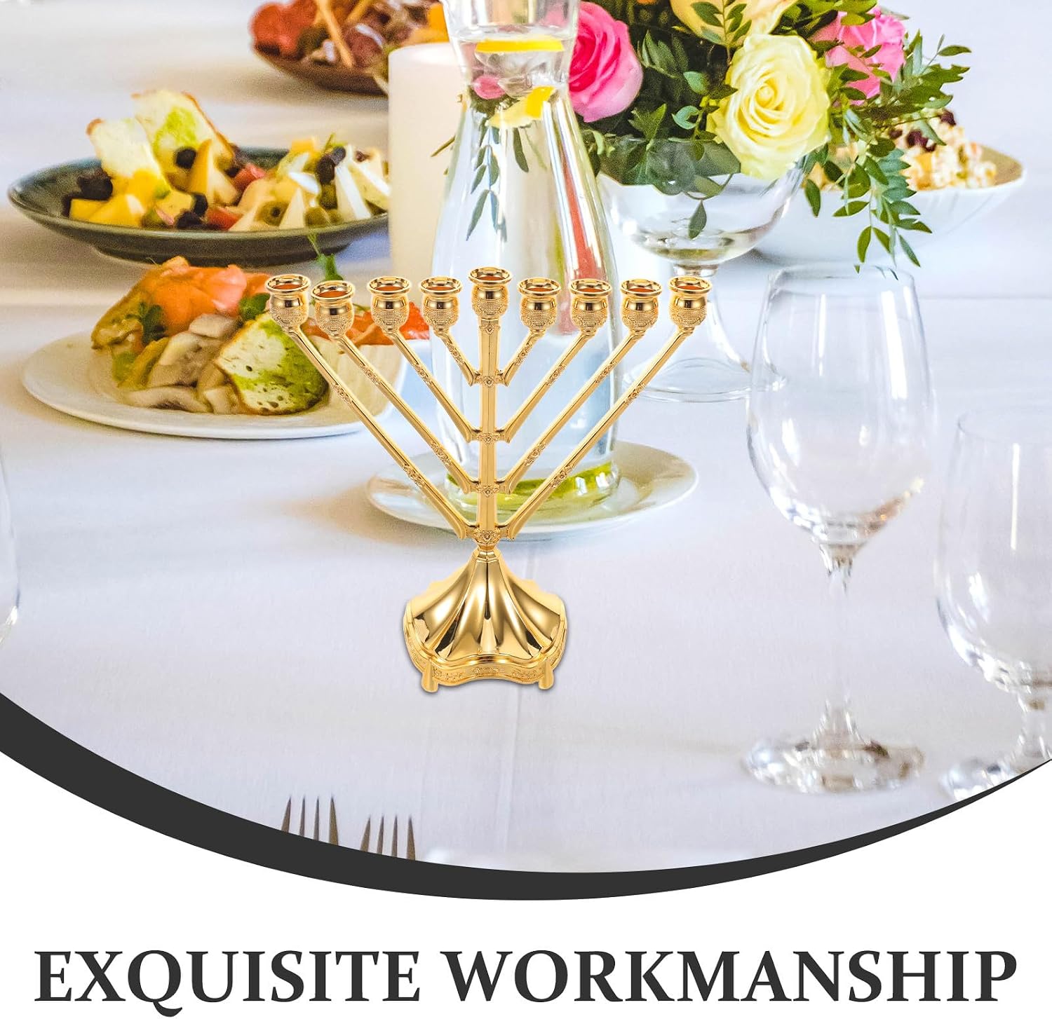 Chanukah Menorah Candle Holder with 9 Branches, Zinc Alloy Modern Candle Stick Holder for Hanukkah Decor, Elegant Gold-Tone Table Decoration for Home and Family Gatherings