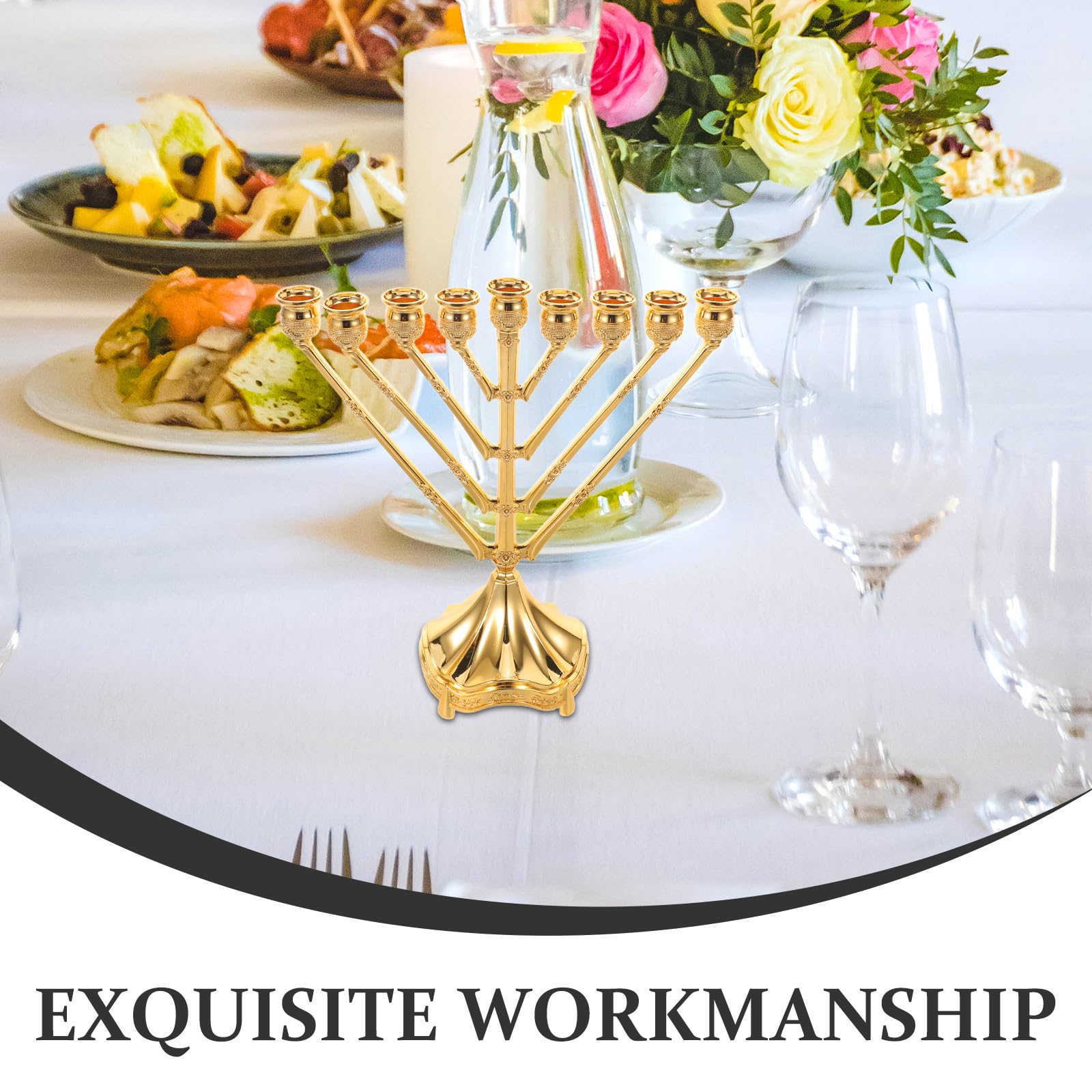 Menorá de Hanukkah Candelabro Clásico de 9 Brazos Dorado | Aleación de Zinc, Pieza Única, Centro de Mesa para Hogar y Decoración Festiva