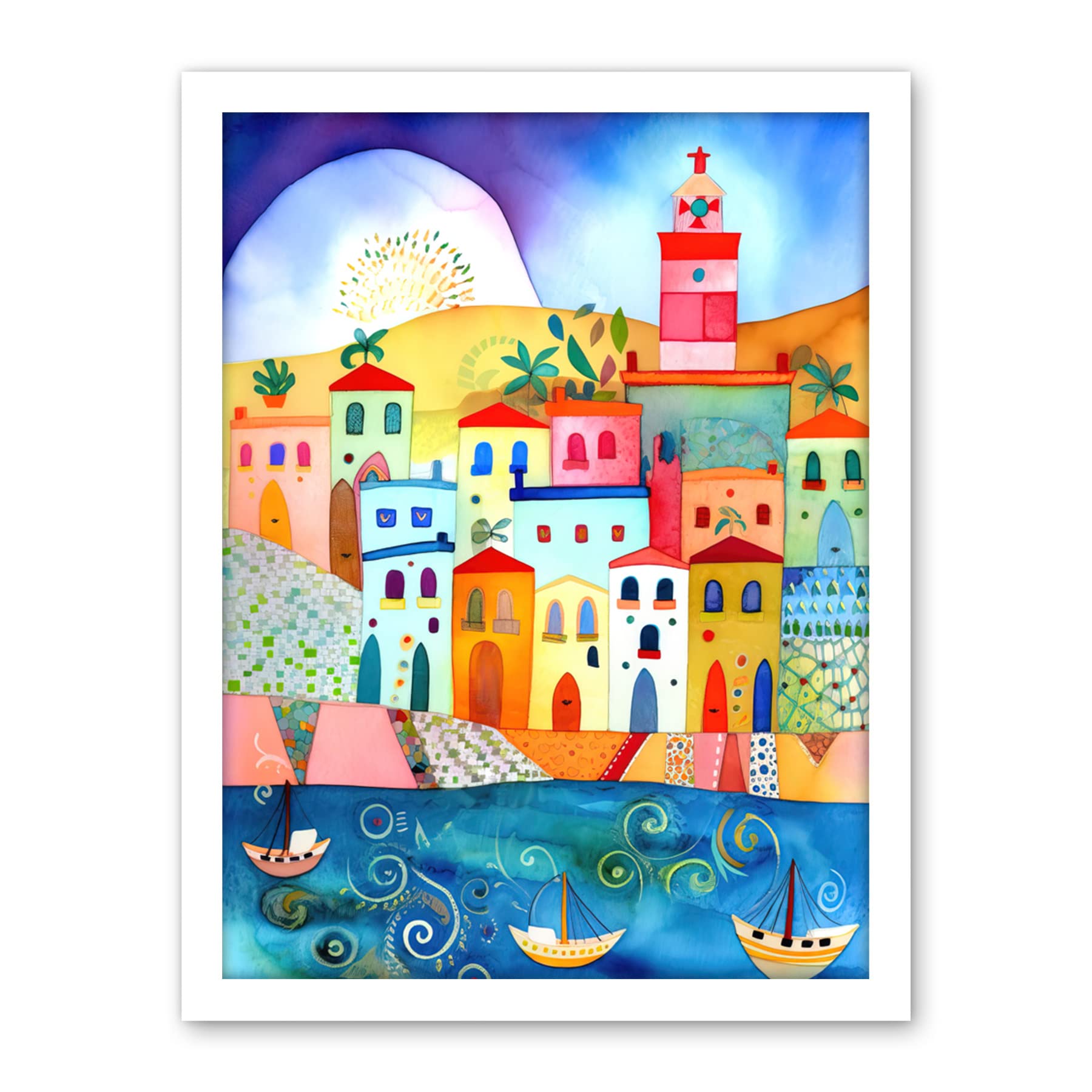 Artery8 Tunisia Seaside Town Folk Art Artwork Framed Wall Art Print 18X24 Inch