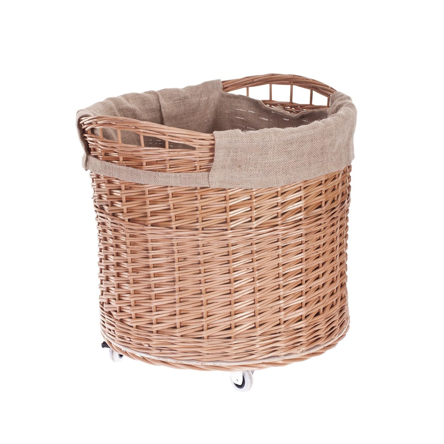 E-Wicker24 Alles Aus Weide Natural Wicker Round Log Basket On Wheels Vintage Log Baskets For Wood Burner Indoor Log Store With Jute Cover Rustic Log Holders For Fireplace Retro Wood Store For Logs Inside