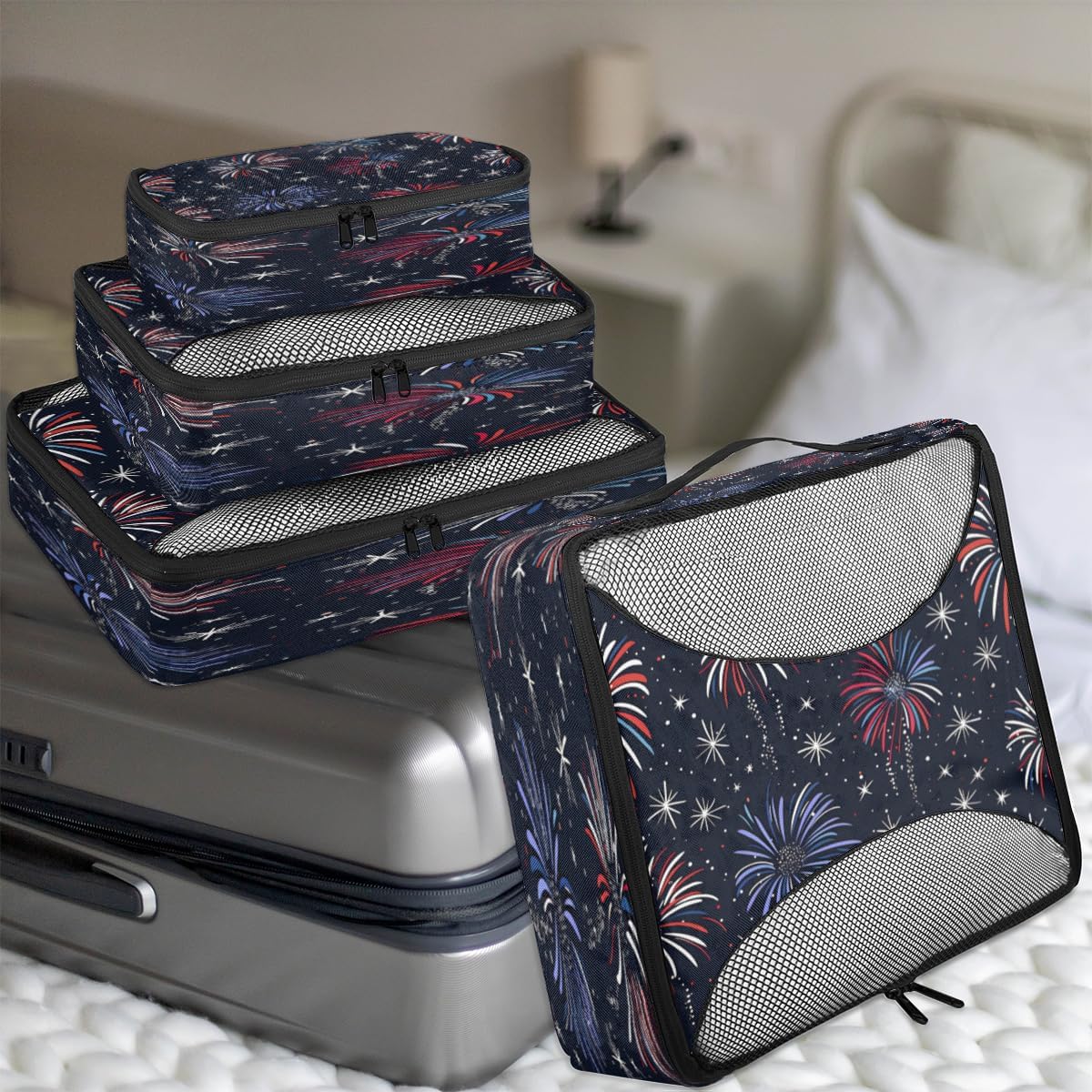 Colorful Art Fireworks 4 Set Packing Cubes Packing Cubes for Women Lightweight Travel Essential Bag Clothes Carry on Suitcase Bags for Accessories Essentials