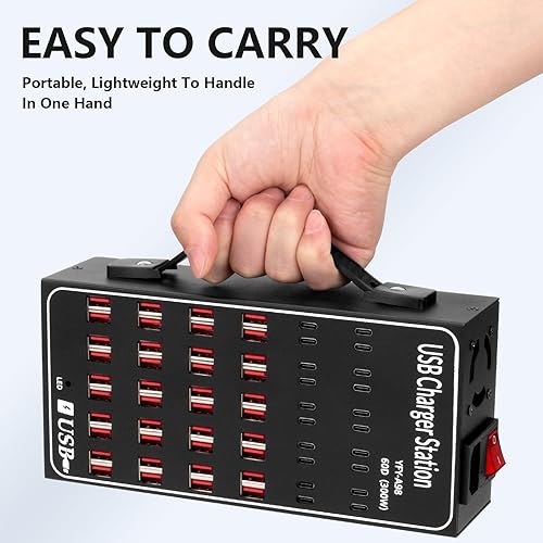 Miniatura 7 de Estación de carga USB múltiple, 60 puertos de 300 vatios (60 A), bloque de carga USB  C con interruptor de alimentación, estación de carga de