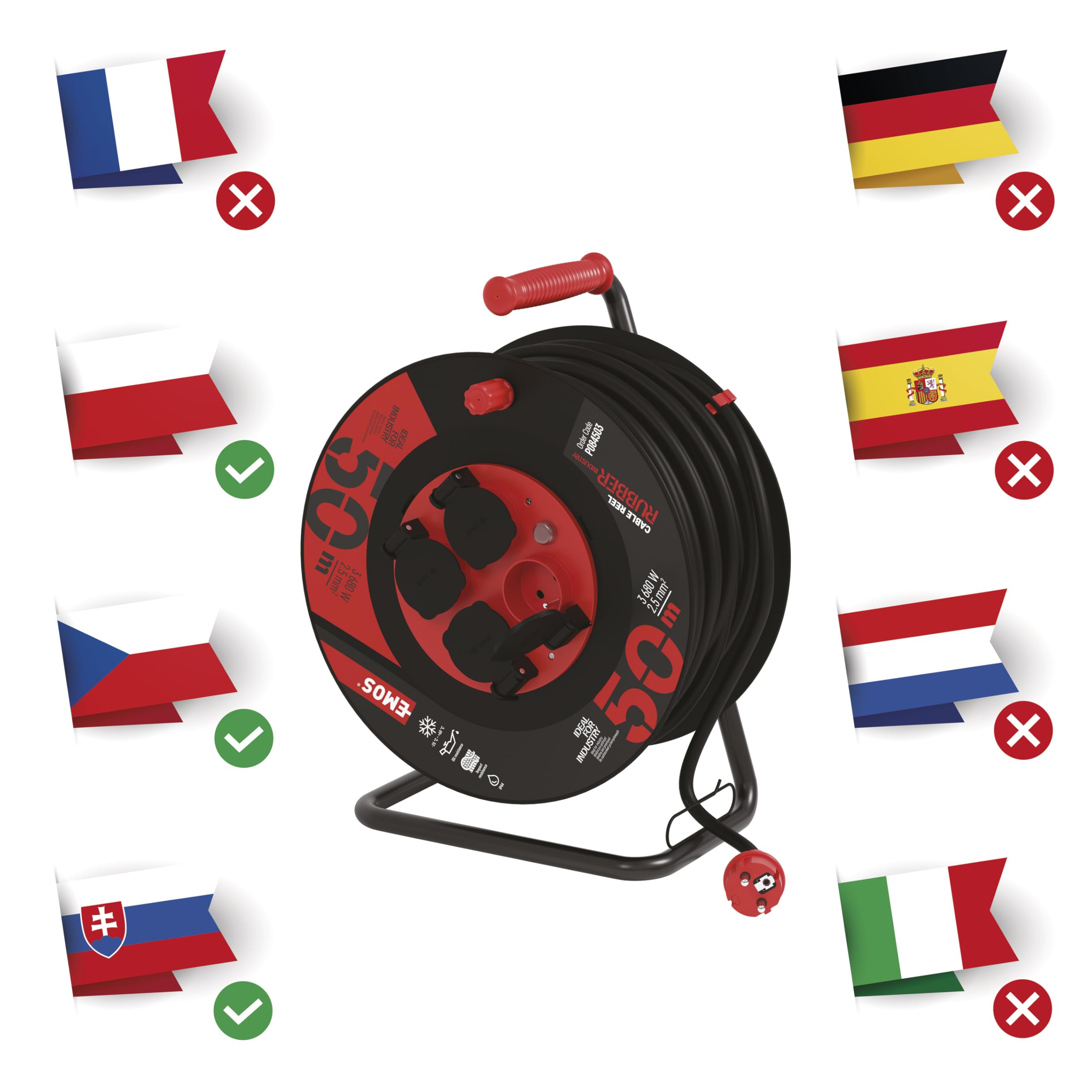 EMOS - Kabeltrommel 50m mit verstärktem Kabel - 4 French-Steckdosen - wasserdicht, schlagfest, hitze- & kältebeständig - 230V, 16A, 3680W - Gummi-Isolierung - H07RN-F3G 2,5 mm2 - IP44 für Außen