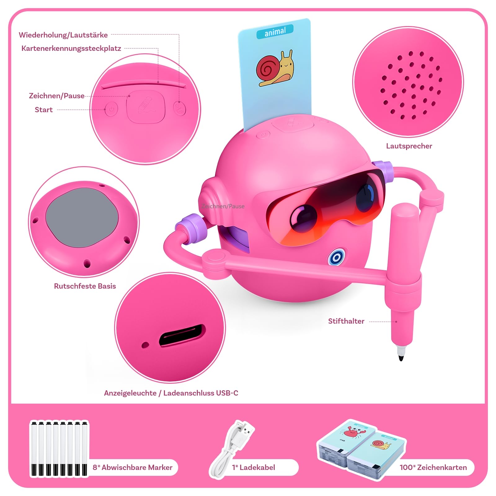Zeichenroboter für Kinder von MMOBIEL – Malroboter Interaktives Lernspielzeug mit 100 Zeichenkarten, Sprachanleitung, 12 Farbstiften & USB-C Akku – Kreatives Geschenk für Kinder von 3–9 Jahren – Rosa