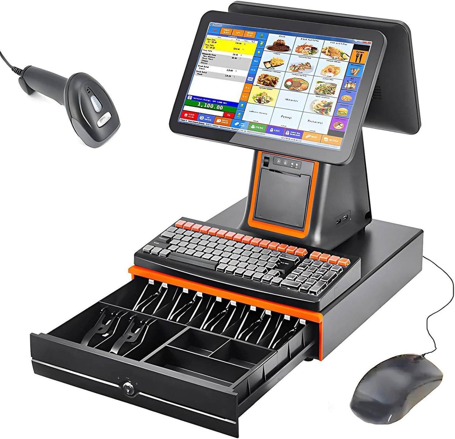 JozyJul Touch Screen Cash Register 15.6" Monitor, Built-in Thermal Printer, i5 CPU, 8GB/128GB – Windows POS Sys-tem for Restaurant & Retail Stores doublescreen