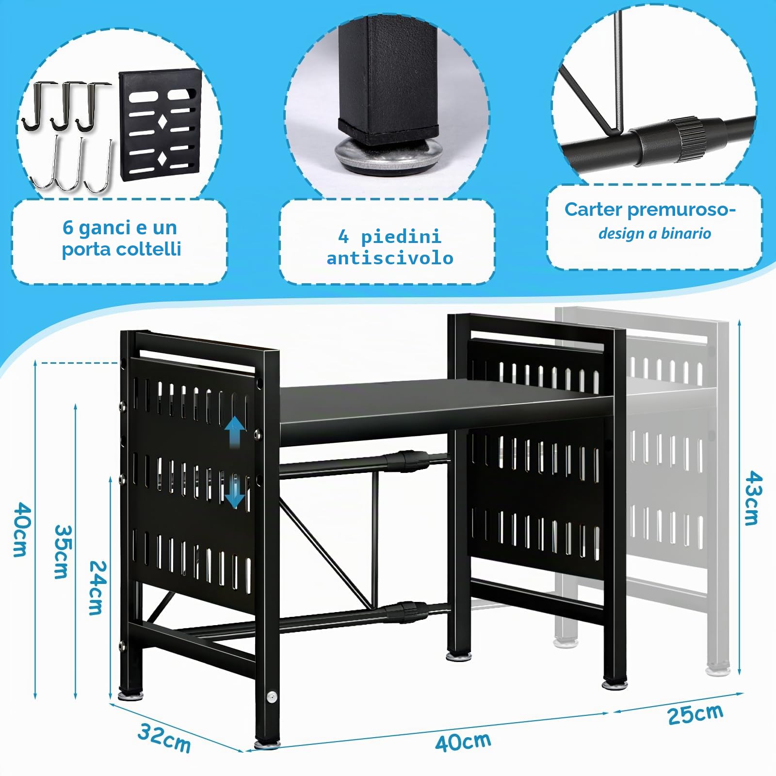 Mensola Microonde Estensibile con Portacoltelli 6 Ganci, Mensola Microonde Salvaspazio Scaffale da Cucina, Mobiletto Cucina Salvaspazio, Carico Pesante 55-110lbs (Nero)