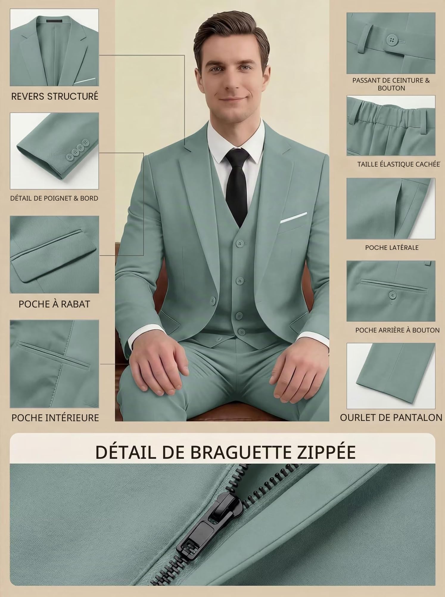 HUUTOE Costume 3 pièces ajusté pour homme avec blazer, gilet et pantalon de smoking, pour l’été, mariage, bal de fin d'année, affaires