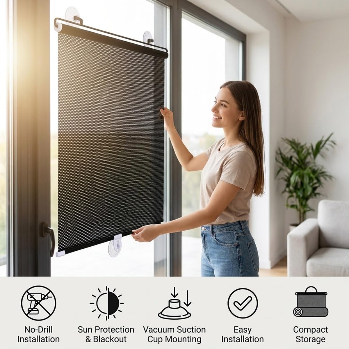 Tende Oscurante con Ventose, Tapparella Senza Foro a Rullo da Interno Termica, Tendina Parasole per Finestre Casa, Persiane Temporanee per Soggiorno Auto Lucernario(28"Wx78"H)