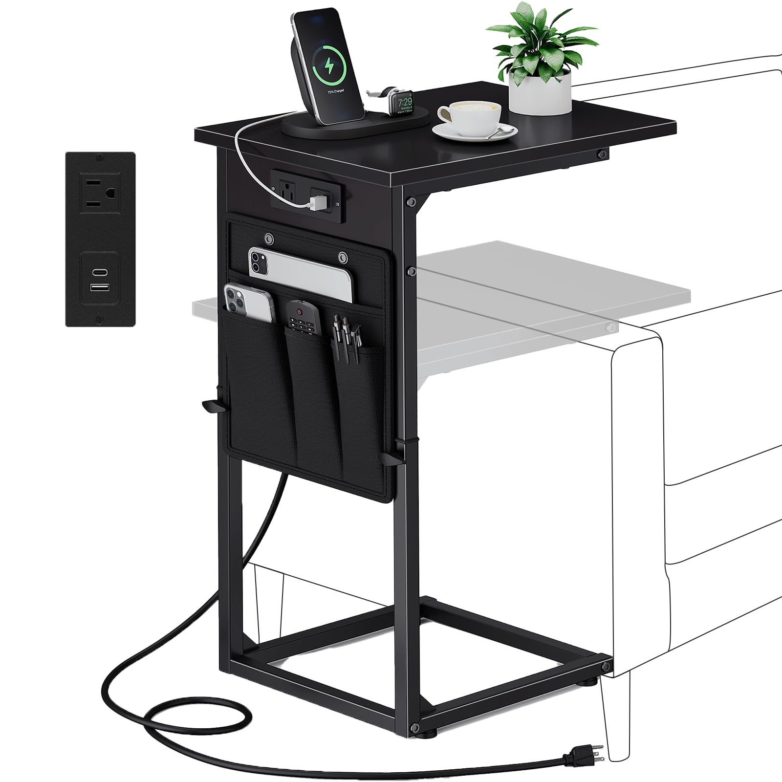 Vagusicc C Shaped End Table with Charging Station Adjustable Height Side Table for Sofa Couch Side Table for