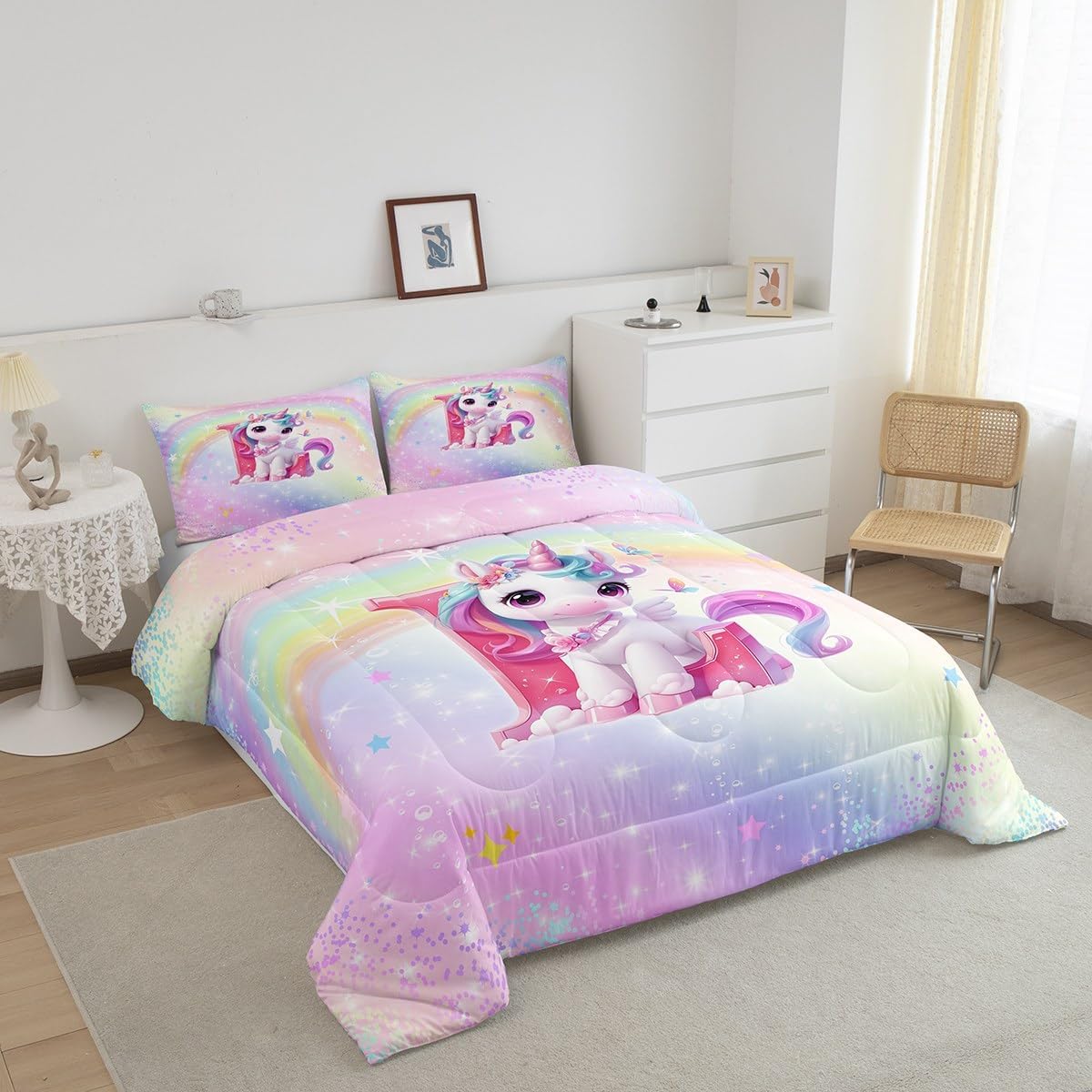 Rainbow Unicorn Comforter Set Queen,Purple Unicorn Kids Bedding Sets for Girls Alphabet Monogram L Bedding for Teens Children Adults Room Decor All Season,Lovely Gradient Glitter Quilt,Pink