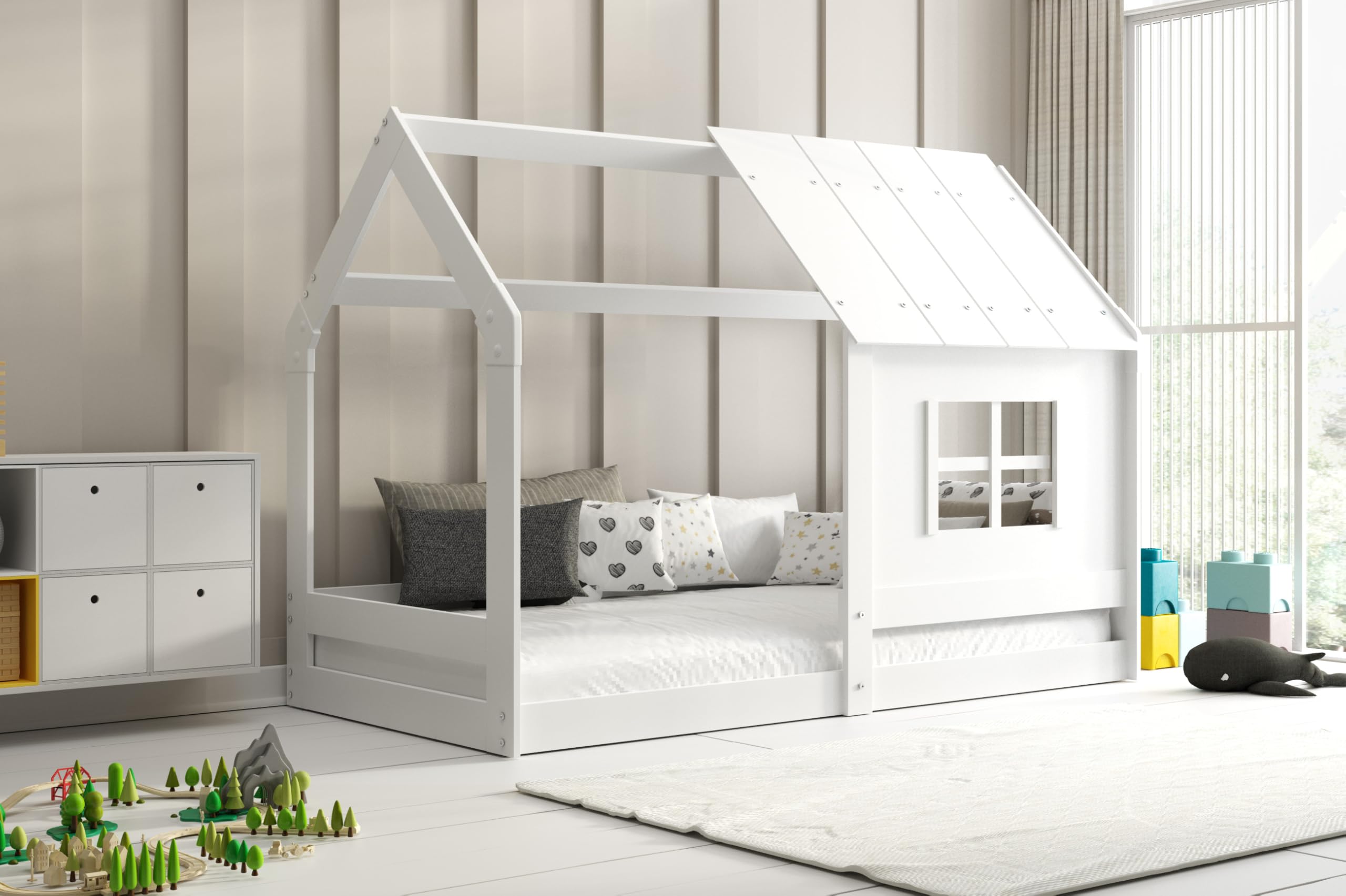 Interbeds Lit cabane avec Toit pour Enfant, lit Montessori au Sol en Bois, lit Simple avec barrière Anti-Chute et sommier à Lattes Inclus, Structure Robuste 80 x 160 cm (Blanc)