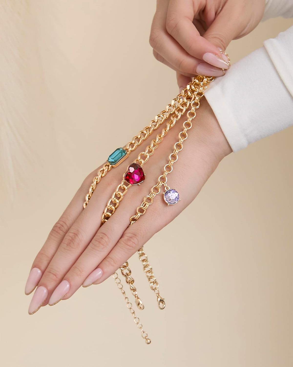 Jessica Simpson Gemstone Charm Chain Bracelet for Women 3-Piece, 7"+2" Chunky Charm Bracelets Gold-Tone with Gems - Image 3