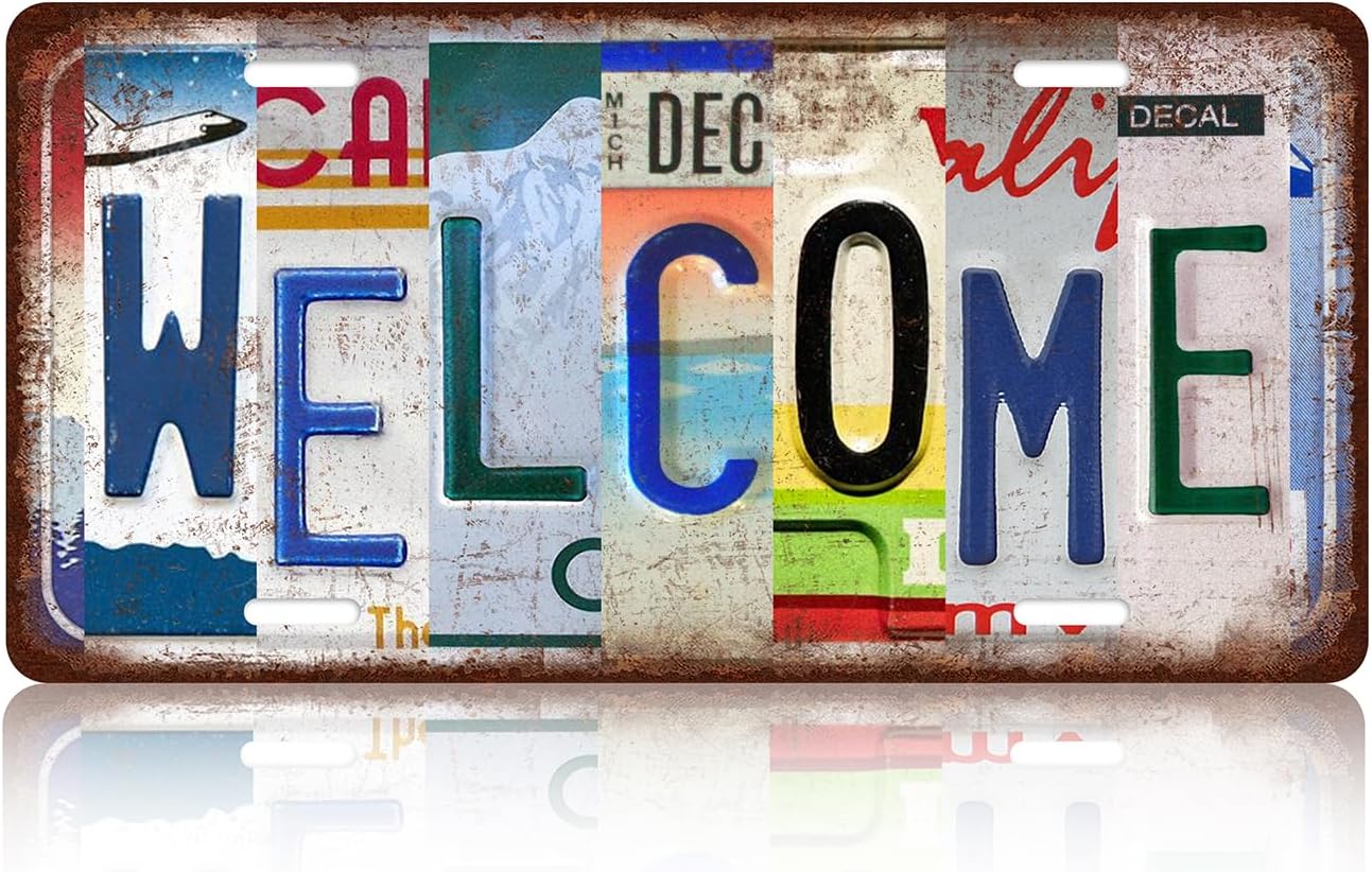 Placa de matrícula de metal de bienvenida vintage para decoración de pared para el hogar, 12 x 6 pulgadas