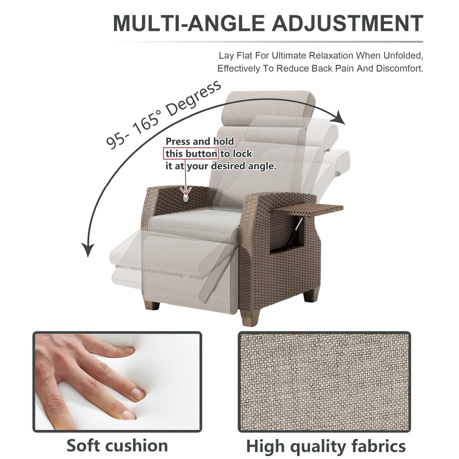 Chaise Longue, Fauteuil Relaxant Ergonomique en Rotin, Dossier Réglable et Blocable dans Toute Position, avec Housse Antipoussière, pour Intérieur, Balcon et Jardin (Marron + Abricot)