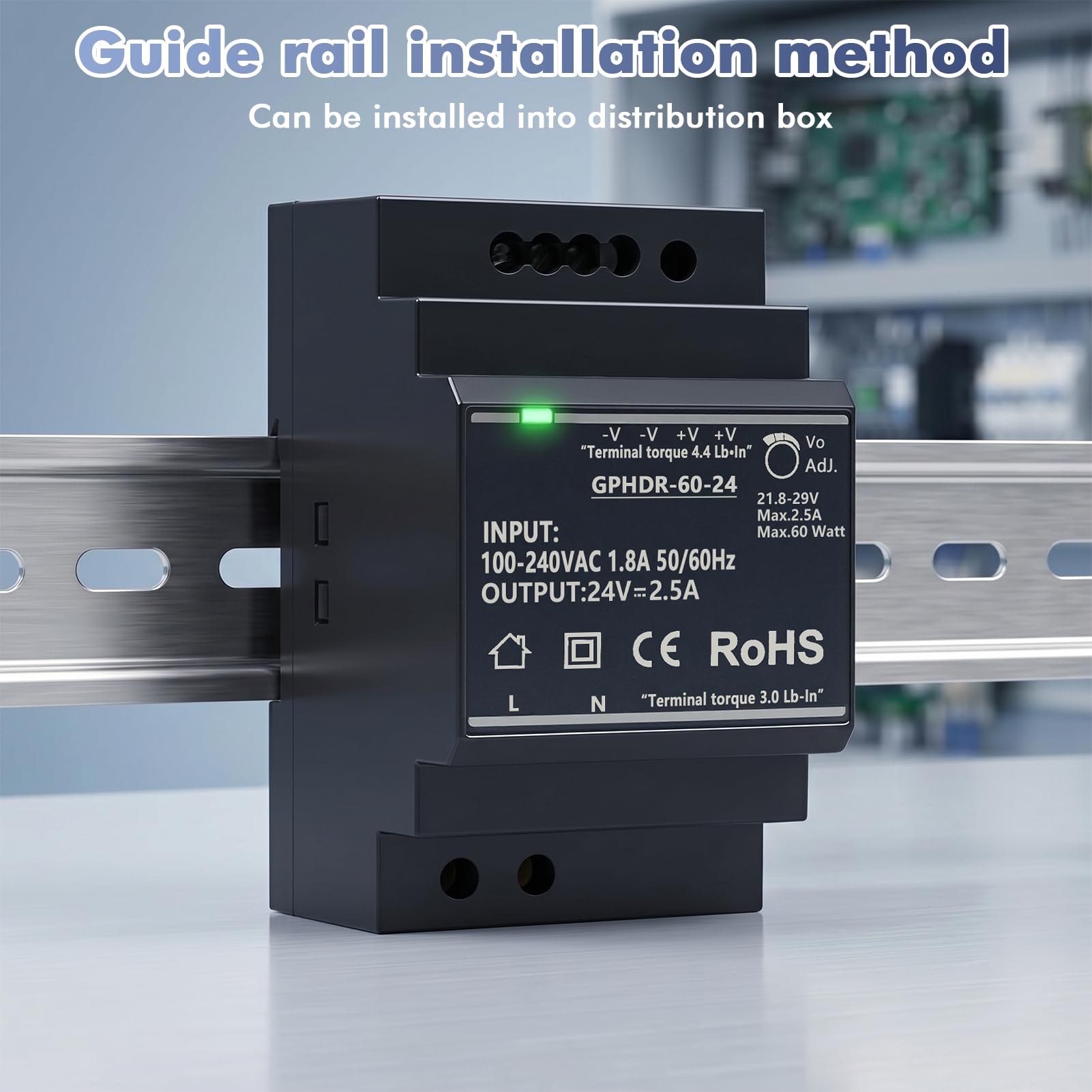 Fuente de alimentacion carril DIN 24V 2.5A 60W transformador DIN Rail Entrada AC100-240V Salida DC 24V fuente de alimentación para riel DIN Apto para automatización industrial GPHDR-60-24