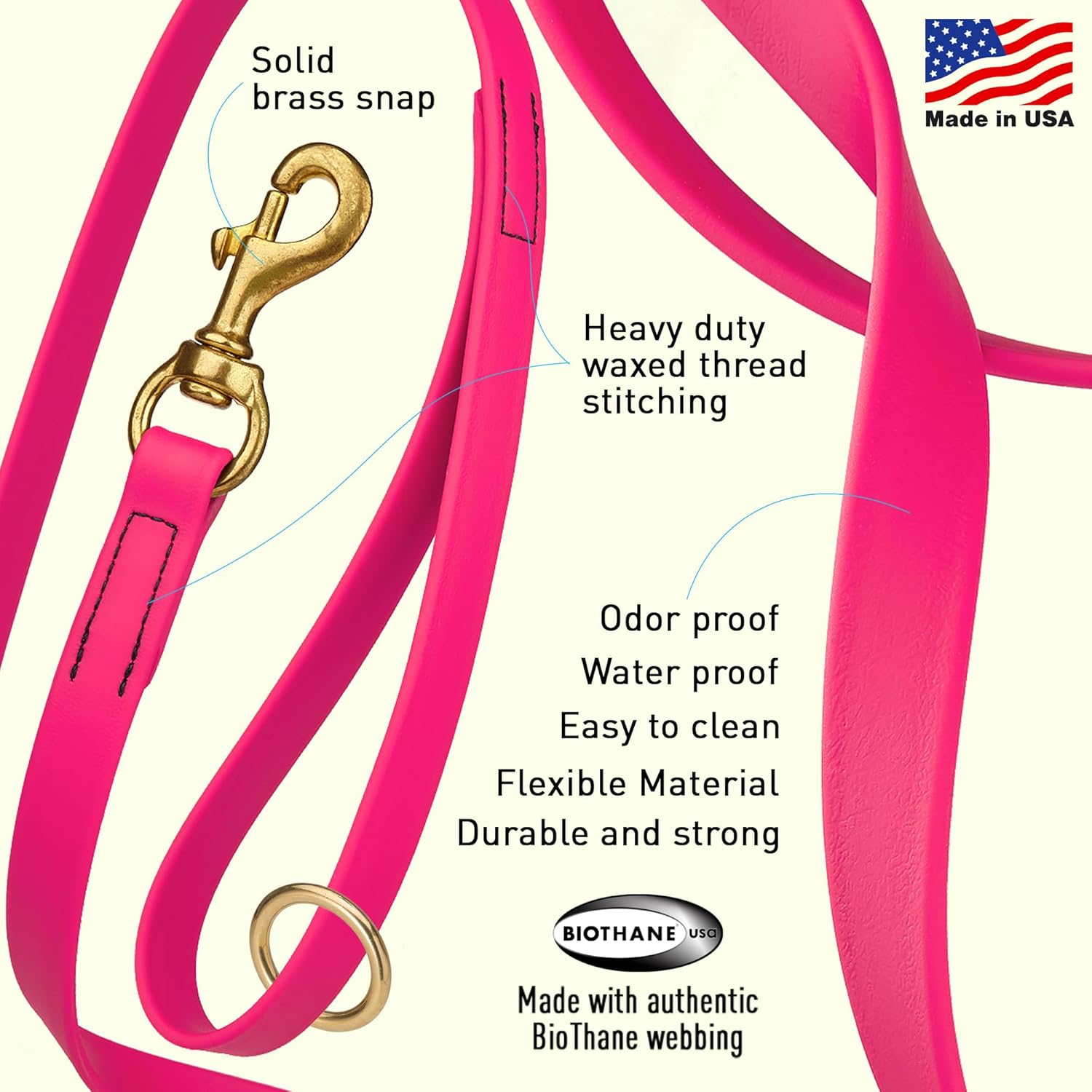Viper Biothane K9 Working Dog Leash Waterproof Lead for Tracking Training Schutzhund Odor-Proof Long Line with Solid Brass Snap for Puppy Medium and Large Dogs 6ft, Passionfruit Pink